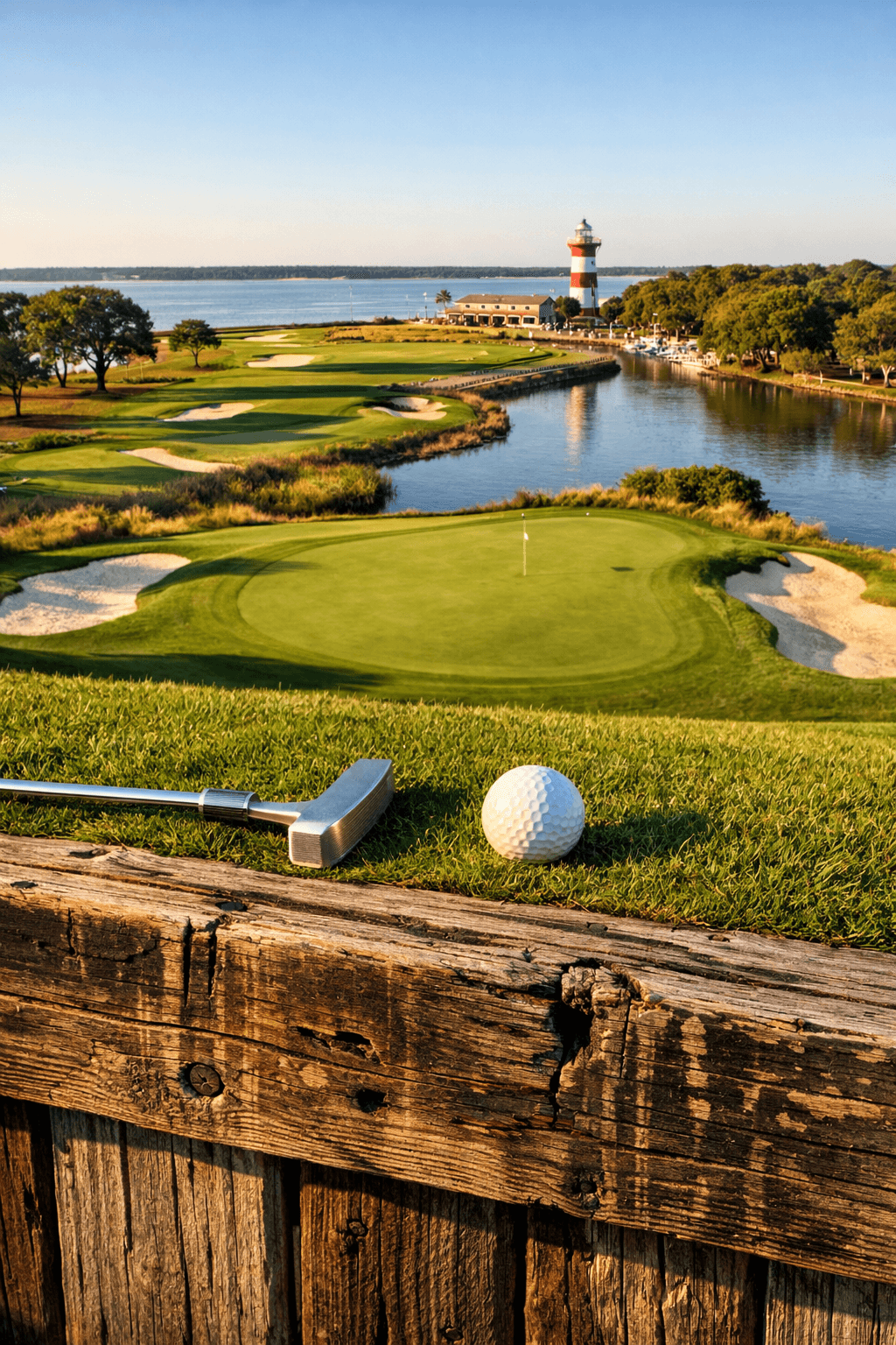 Aerial view of Harbour Town Golf Links, showcasing the 18th hole, fairways, greens, and the iconic lighthouse.