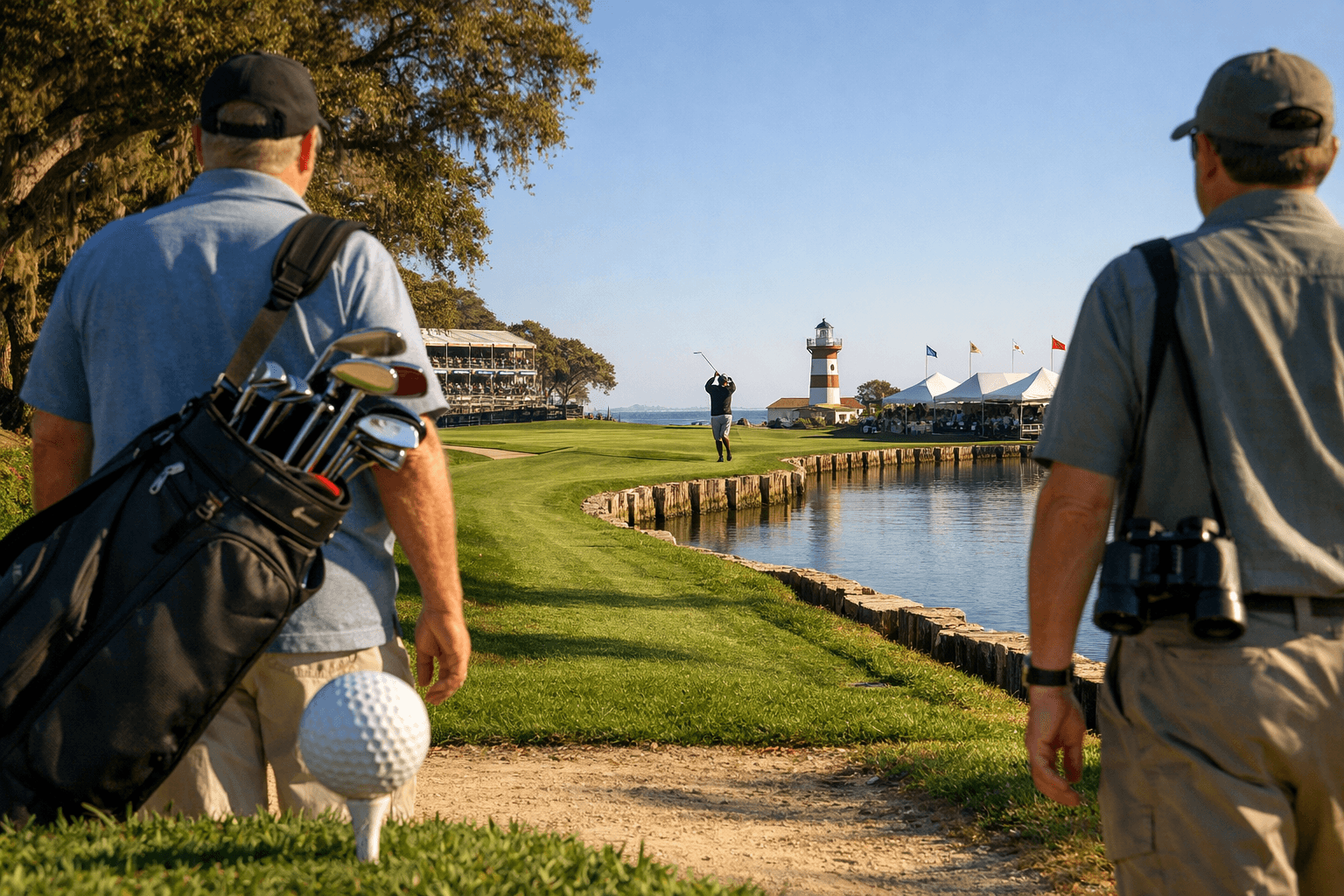 Spectators walk a sandy path at Harbour Town Golf Links, framed by lush fairways, a lighthouse, and a serene water hazard.