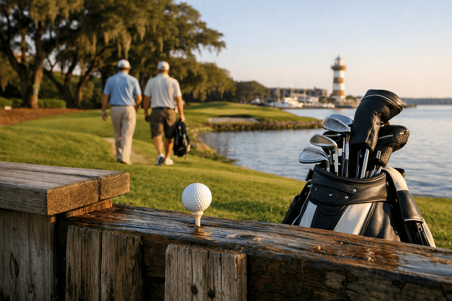 Late-afternoon scene at Harbour Town Golf Links with golfers, a golf ball, and a serene coastal backdrop.