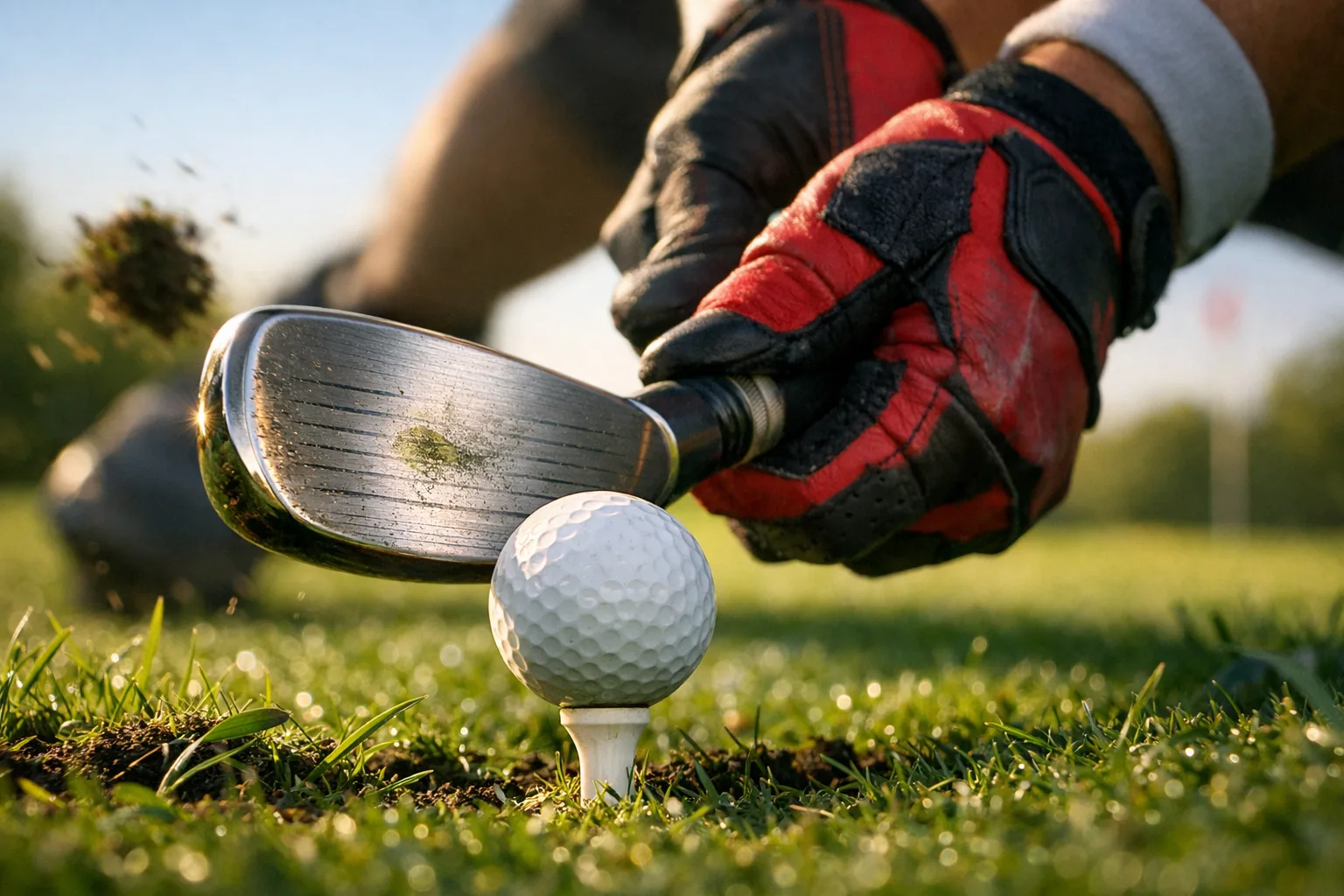 Happy Gilmore Golfer: A Look at His Unique Style 2 Extreme close-up of a happy gilmore golfer's club just before hitting a dimpled ball, captured in warm afternoon light.