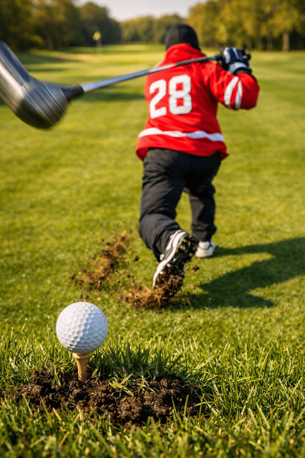 Bird's-eye view of a happy gilmore golfer in a scarlet jersey mid-swing on a sunlit fairway, dynamic and energetic.