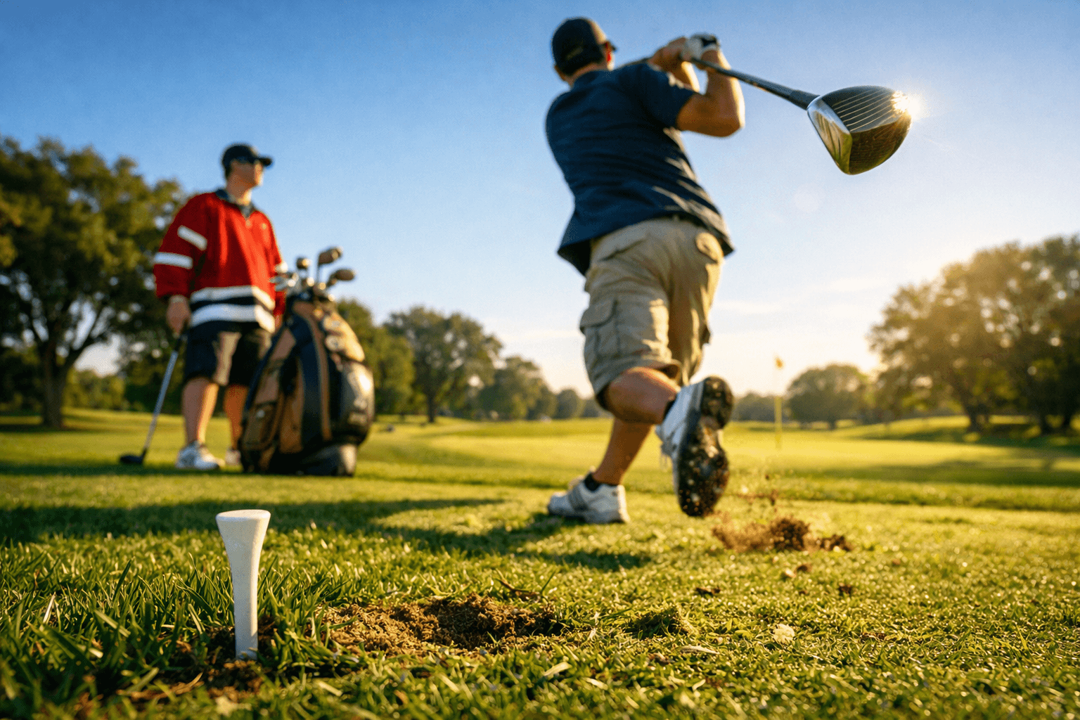 Happy Gilmore golfer mid-swing on a sunlit tee box, vibrant greens and warm highlights capturing dynamic energy.