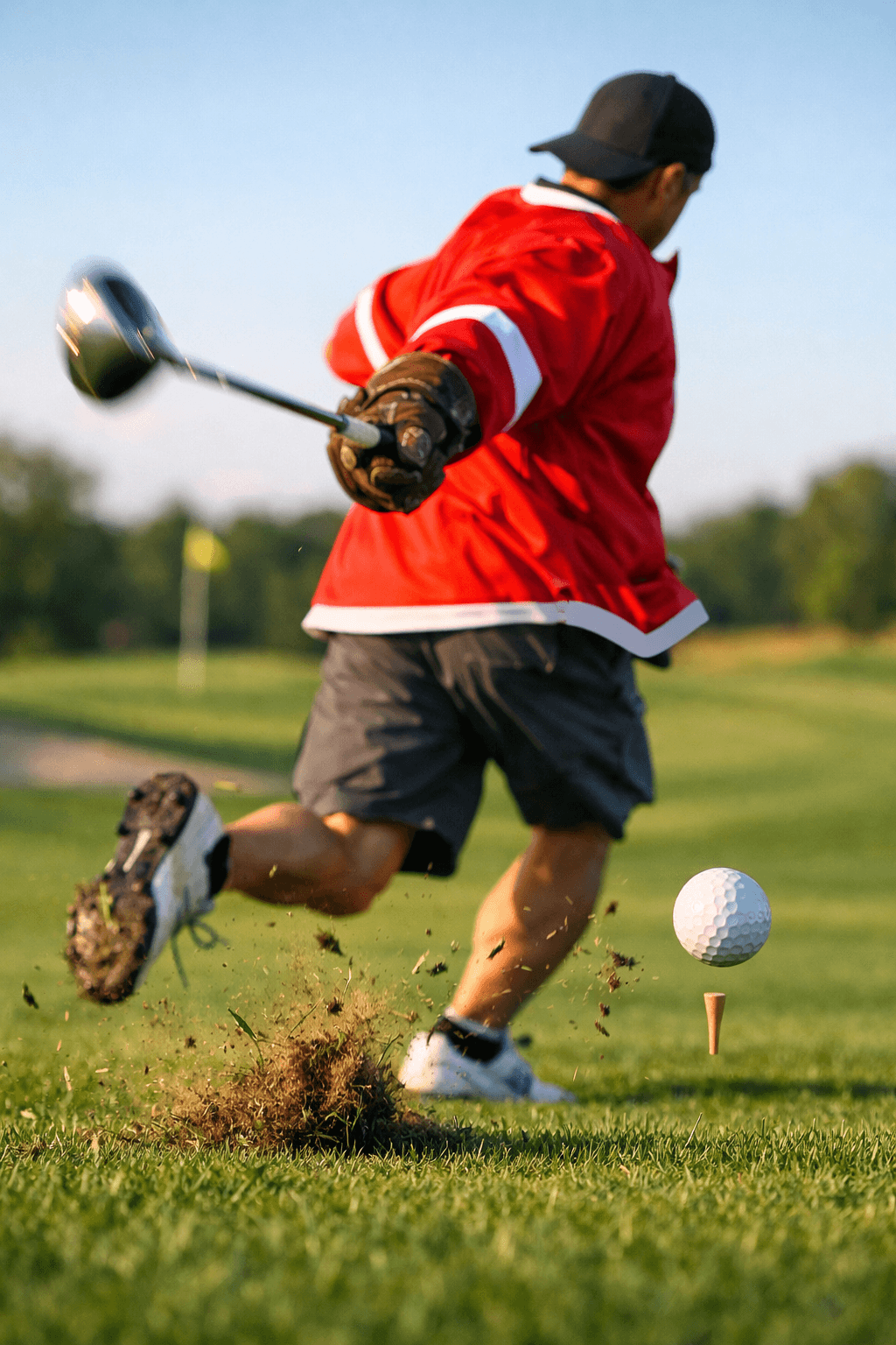 Faceless happy gilmore golfer in a red jersey swings on a sunlit fairway, capturing dynamic energy and motion.
