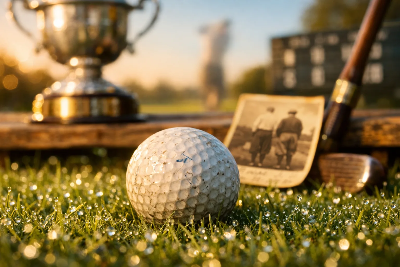 Italian Open Golf: History and Notable Moments 1 Extreme macro shot of a scuffed golf ball on dew-covered grass, evoking nostalgia for the Italian Open golf history.