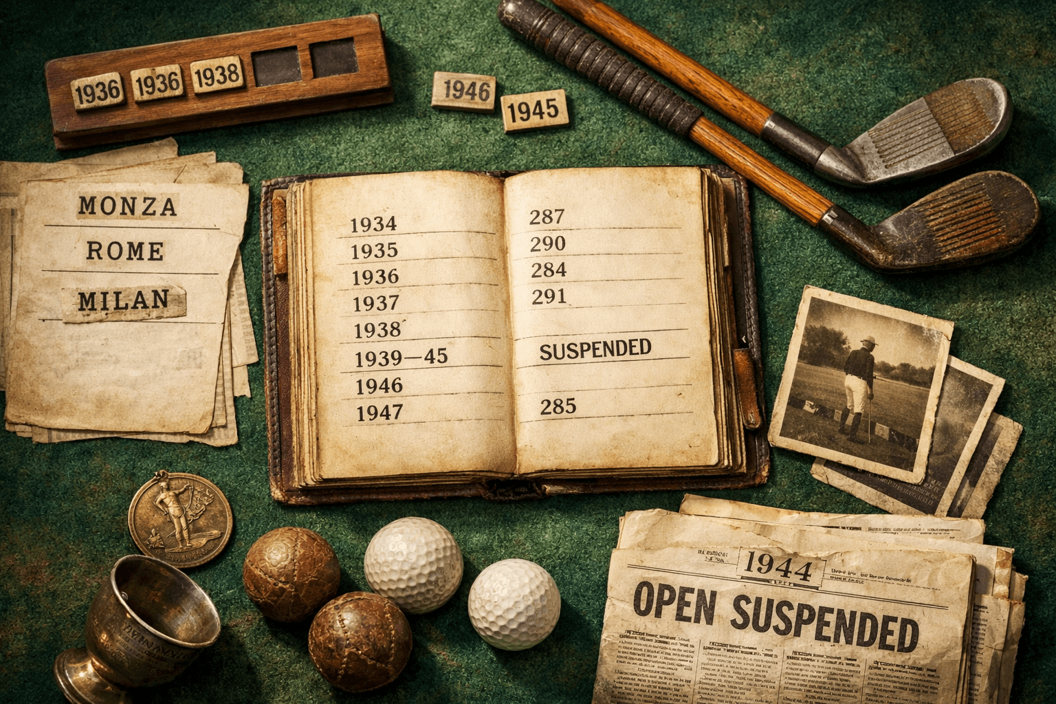 Overhead view of a nostalgic Italian Open golf display with vintage ledger, clubs, balls, and wartime newspaper.