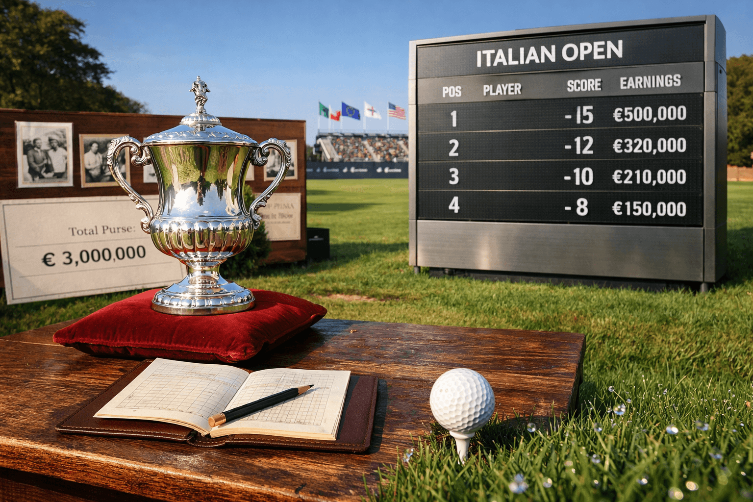 Polished trophy on oak table with scorecard, golf ball, and leaderboard at Italian Open golf course under blue sky.