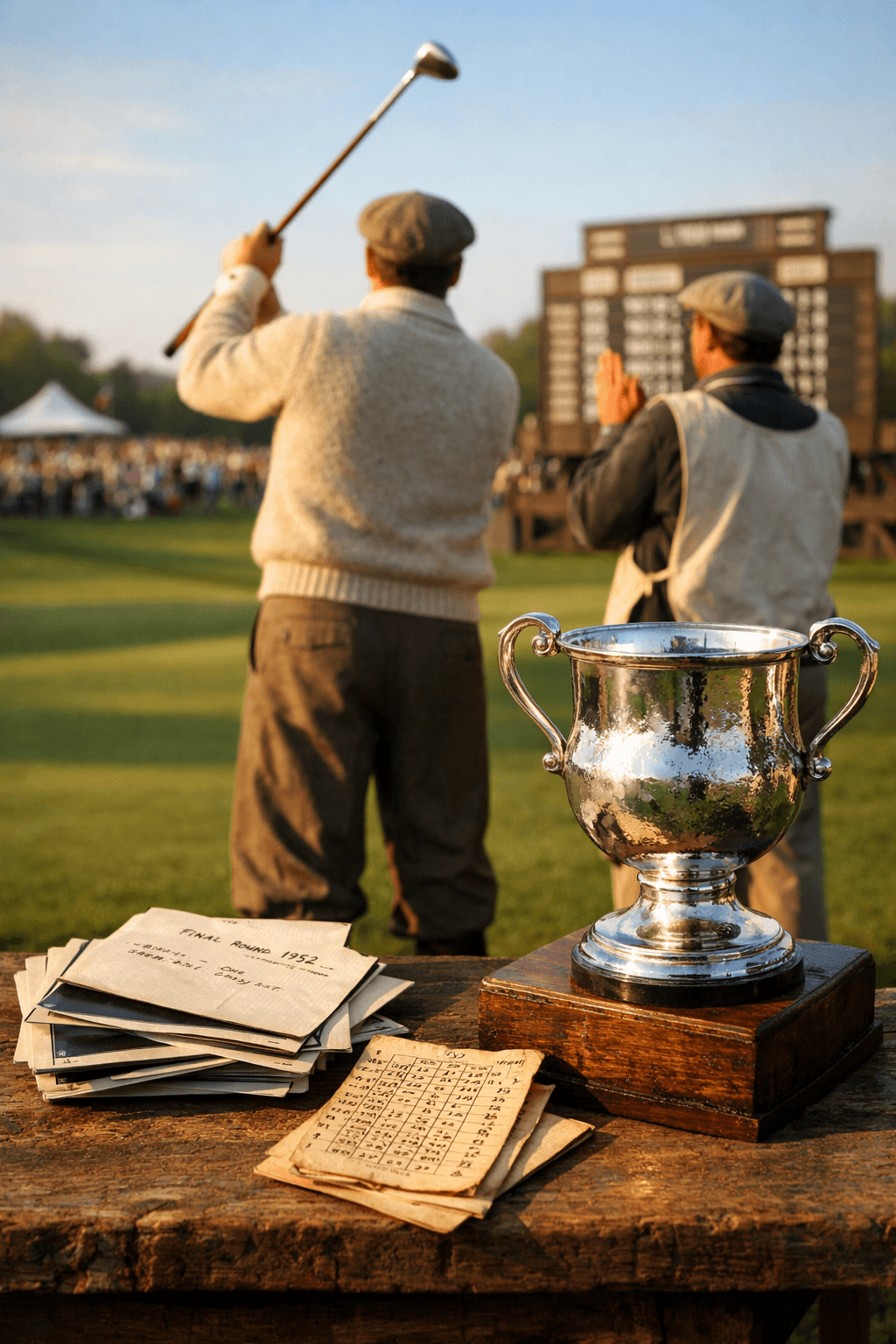 Trophy and vintage photos on the 18th green capture a celebratory moment at the Italian Open golf tournament.