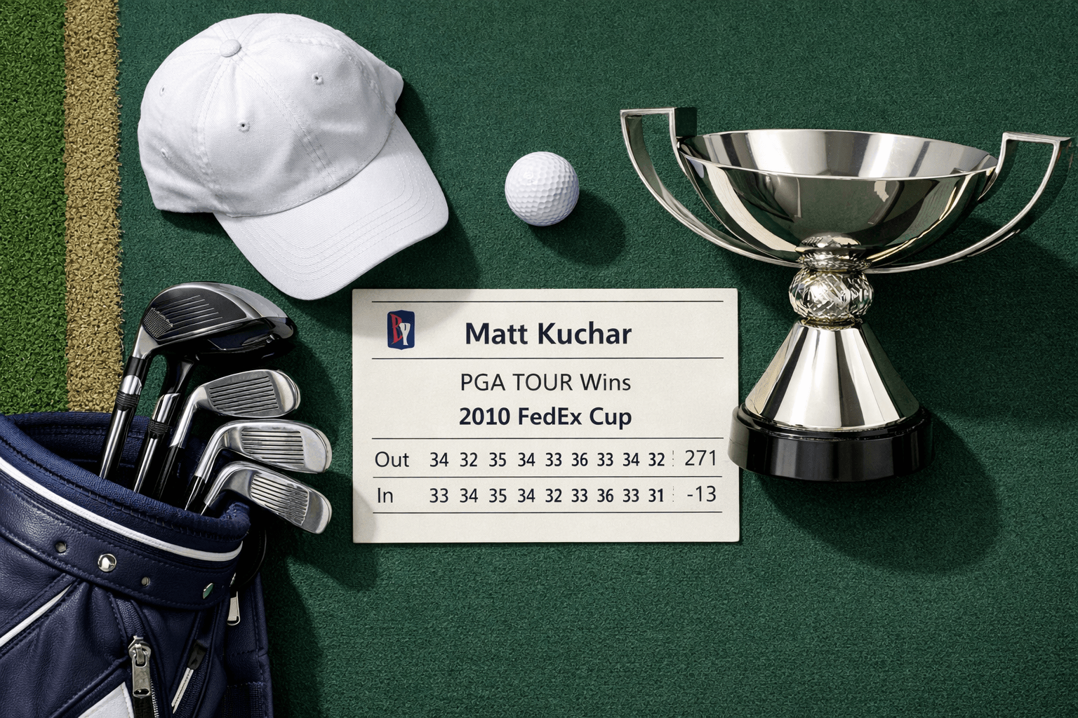 kuchar golfer achievements flat lay with golf bag, cap, ball, scorecard, and FedEx Cup trophy on green table