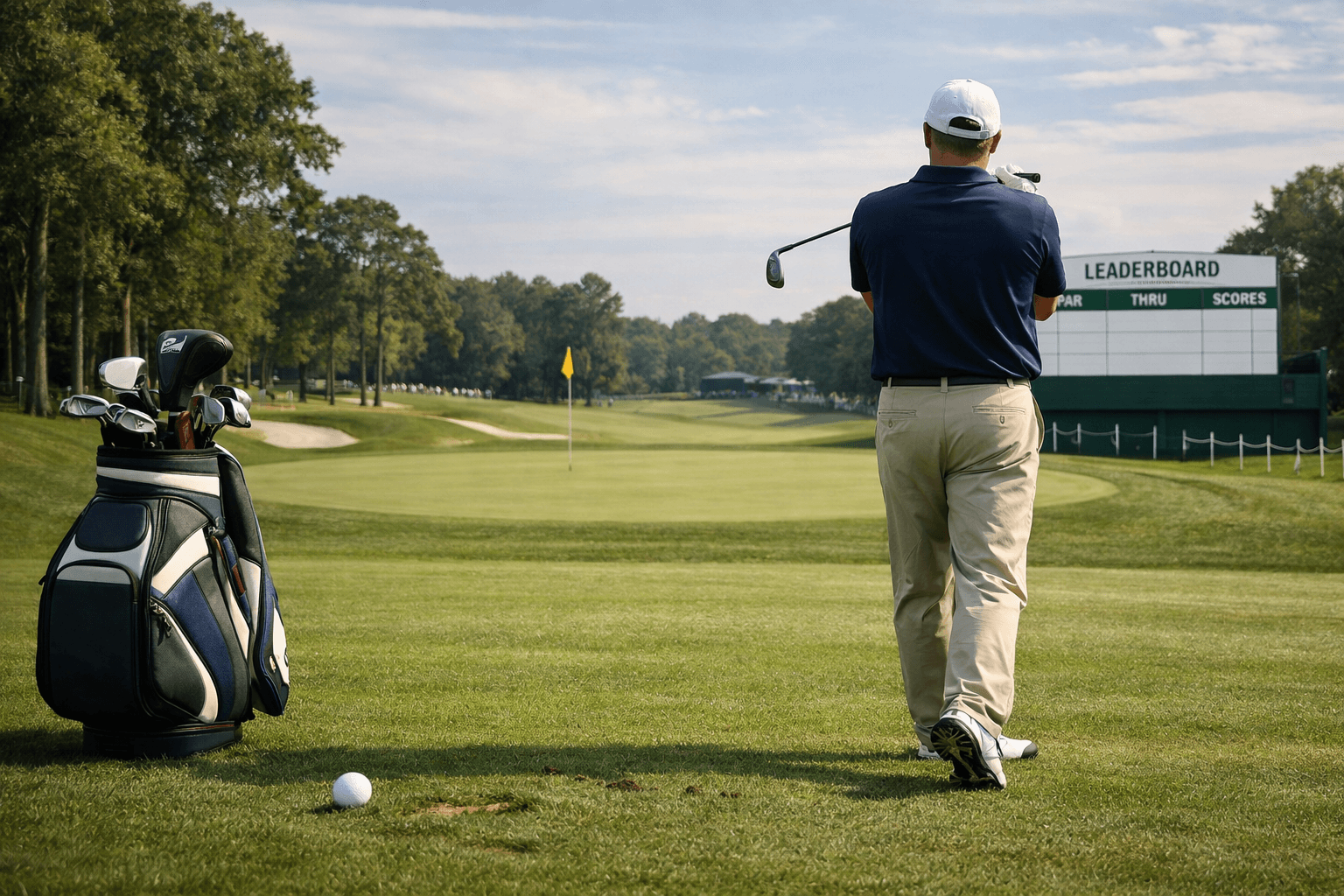 kuchar golfer seen from behind in a balanced finish on a manicured tournament fairway, with green and gallery beyond