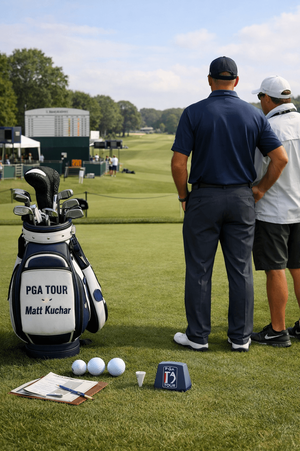 Faceless kuchar golfer reviewing a tee box with staff, golf bag, clubs, sponsor boards, and fairway beyond.