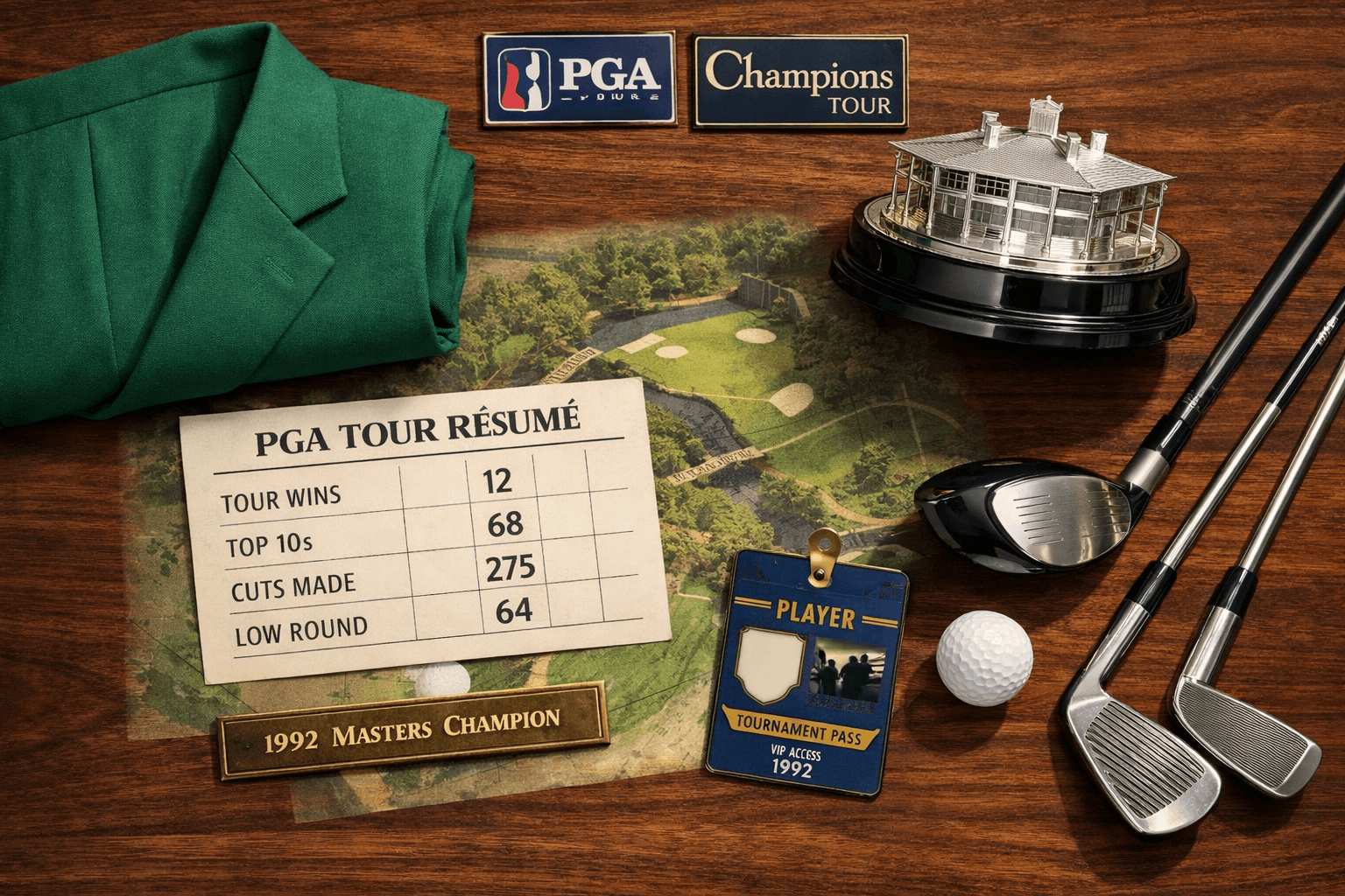 Fred Couples golf résumé flat lay with green jacket, Masters trophy, scorecard, clubs, ball, and 1992 Masters placard.