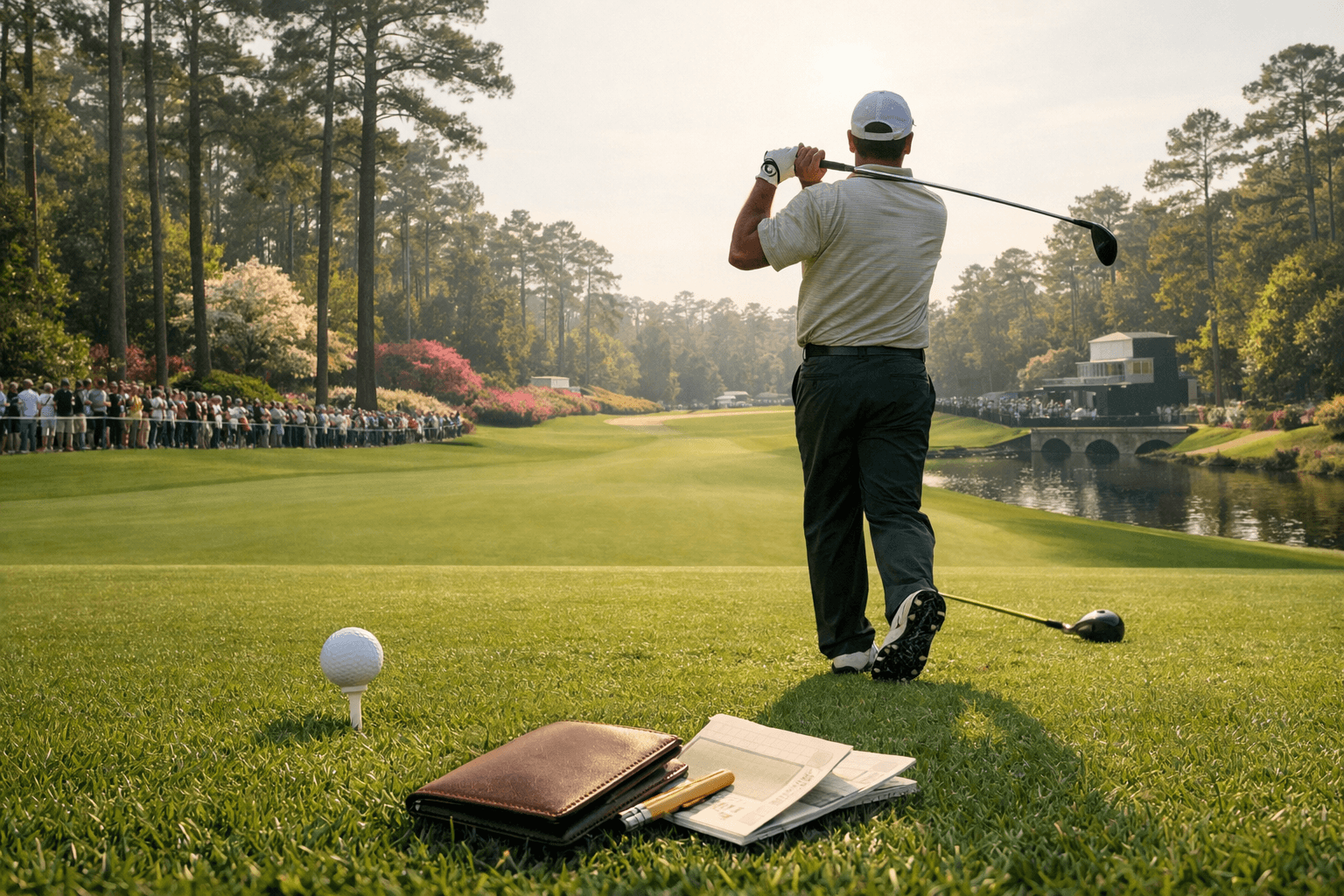 fred couples golf finish on an Augusta National fairway, with driver, golf ball, yardage book, pines, azaleas, grandstands, and Rae’s Creek.