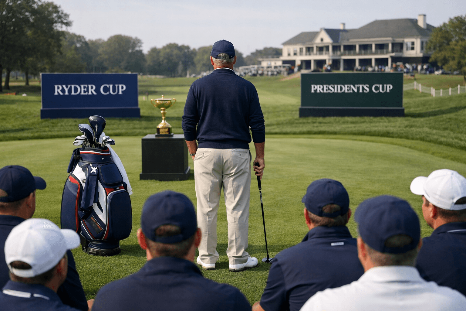 Fred Couples golf captain addressing players beside a team bag on a manicured championship fairway.