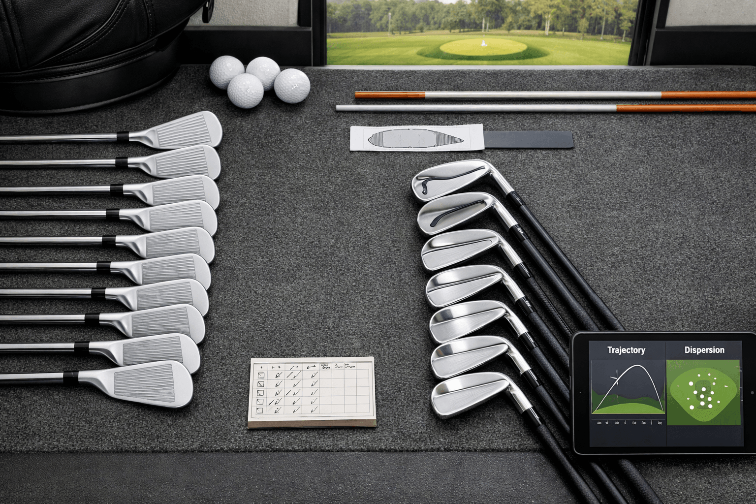 Overhead comparison of matching and combo iron sets on a golf studio mat, illustrating best golf irons for mid handicap golfers.