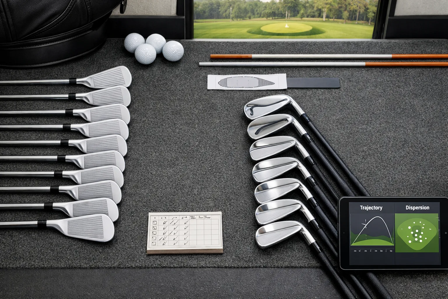 Overhead comparison of matching and combo iron sets on a golf studio mat, illustrating best golf irons for mid handicap golfers.