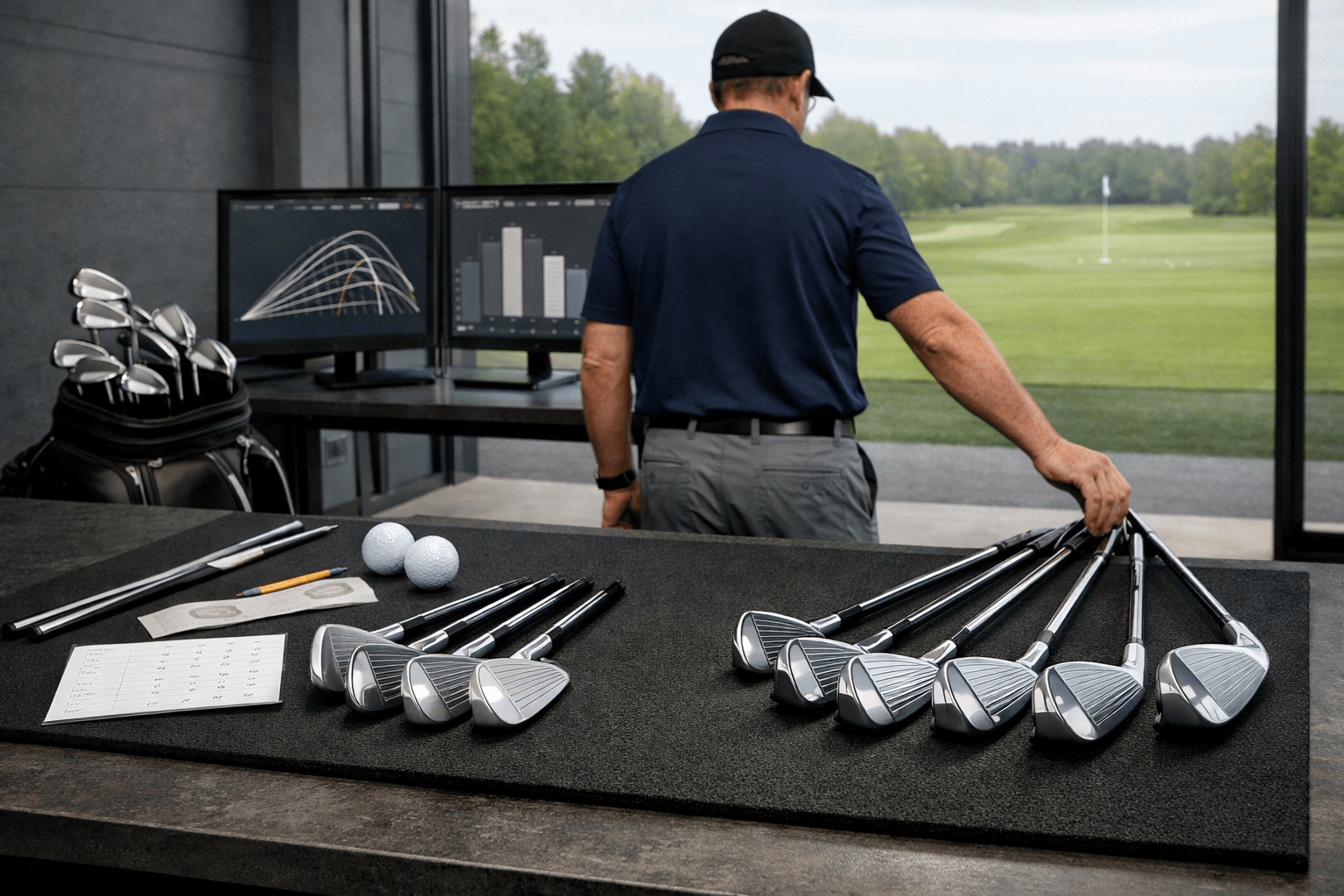 Golfer comparing forged and forgiving irons on a fitting mat beside launch monitor; best golf irons for mid handicap.