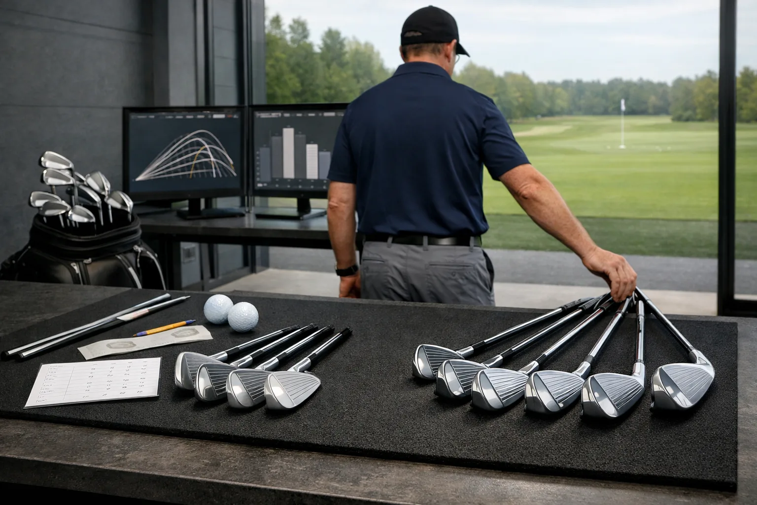 Golfer comparing forged and forgiving irons on a fitting mat beside launch monitor; best golf irons for mid handicap.