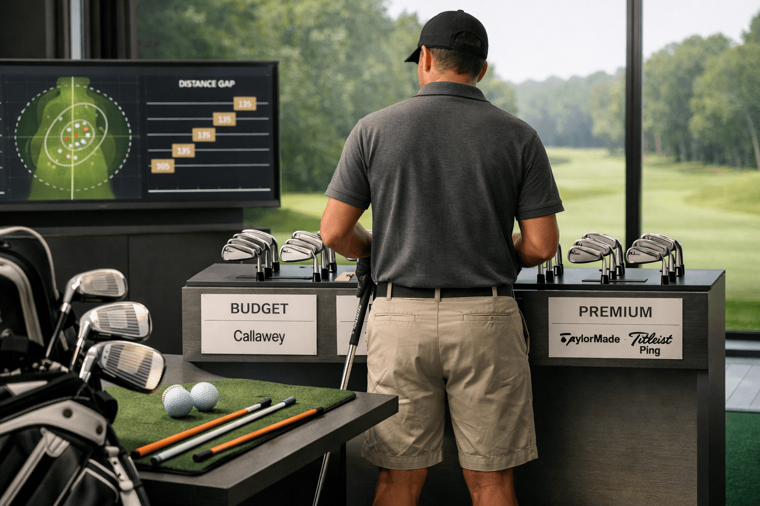 Golfer compares budget, mid-range, and premium iron sets in a fitting studio, exploring the best golf irons for mid handicap.