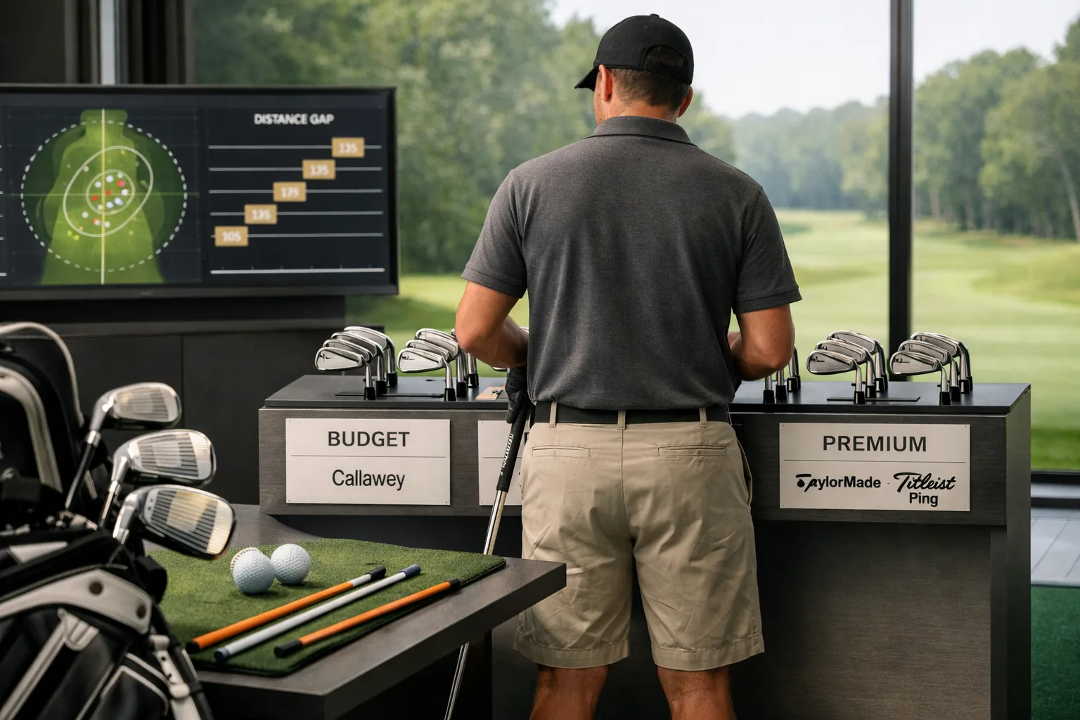 Golfer compares budget, mid-range, and premium iron sets in a fitting studio, exploring the best golf irons for mid handicap.
