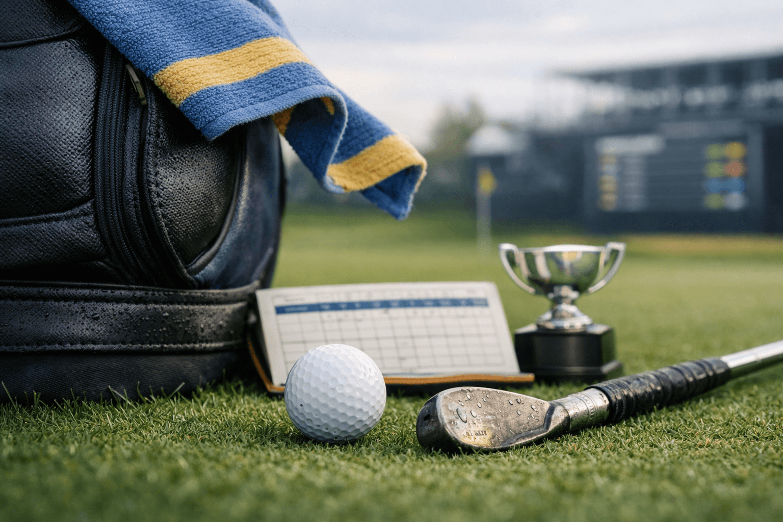 Close-up of golf bag, ball, club, trophy, and scorecard on a practice green, evoking golfer patrick cantlay’s career.