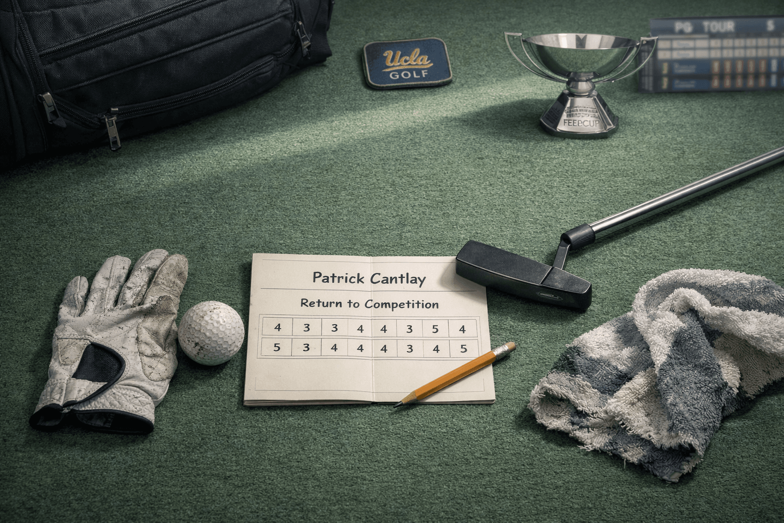 Top-down still life of golf gear, scorecard, UCLA emblem, and FedEx Cup trophy symbolizing golfer Patrick Cantlay’s return.