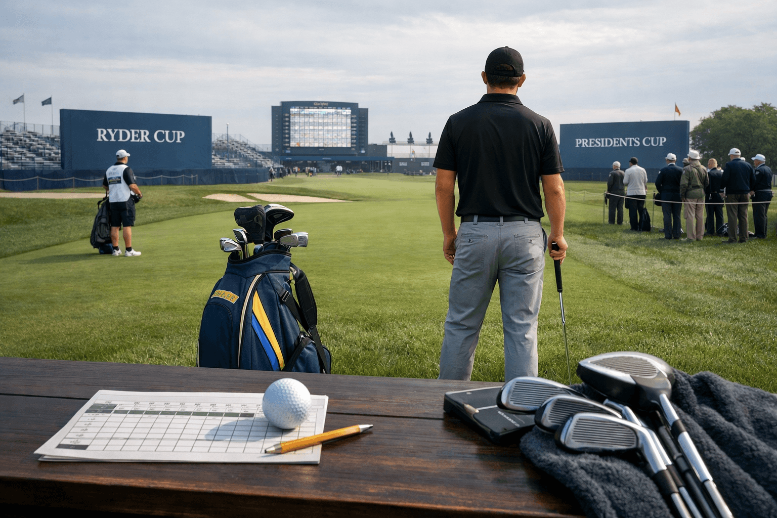 Golfer Patrick Cantlay seen from behind on a manicured course beside a UCLA-colored bag, with Ryder Cup and Presidents Cup boards.