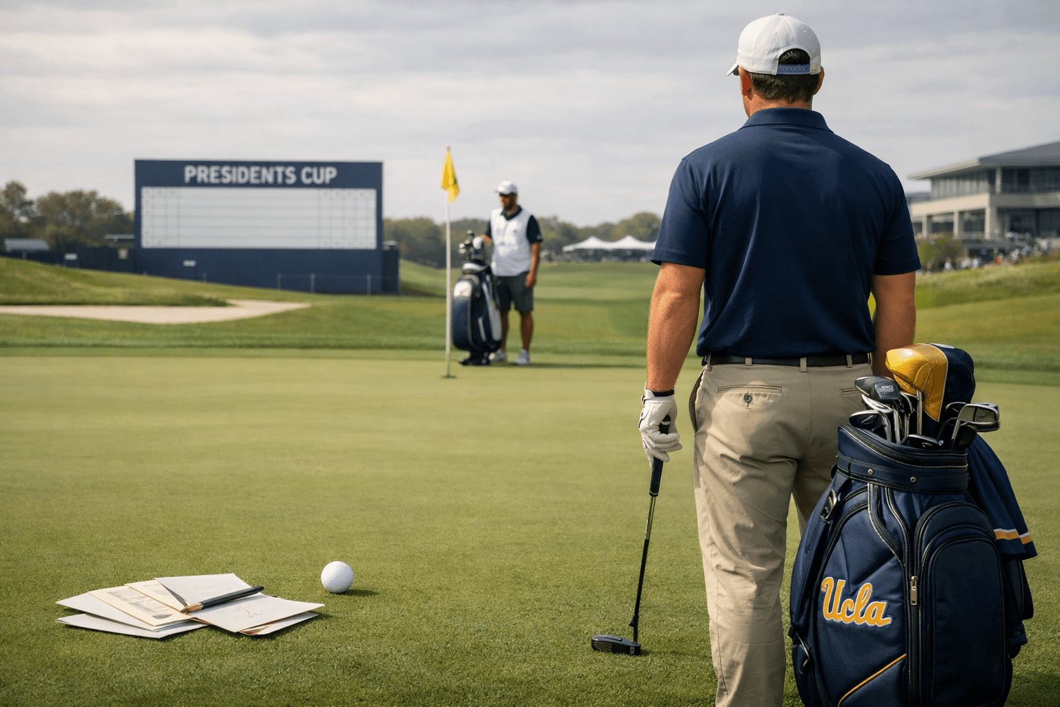Golfer Patrick Cantlay prepares to putt beside a navy bag and caddie on a professional tournament green.
