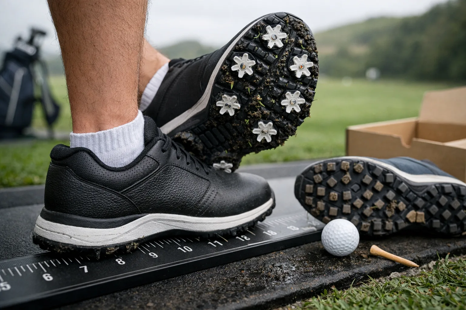 Golf Shoes Men: Fit, Comfort, and Traction 1 Extreme close-up of menu2019s golf shoes on a fitting ruler, showing cleats, spikeless outsole, golf ball, tee, and damp links turf.