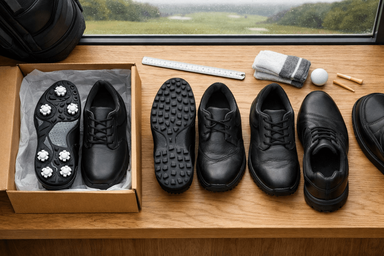 Overhead golf fitting display comparing new and creased golf shoes men, spiked and spikeless soles, ruler, socks, and wet course.