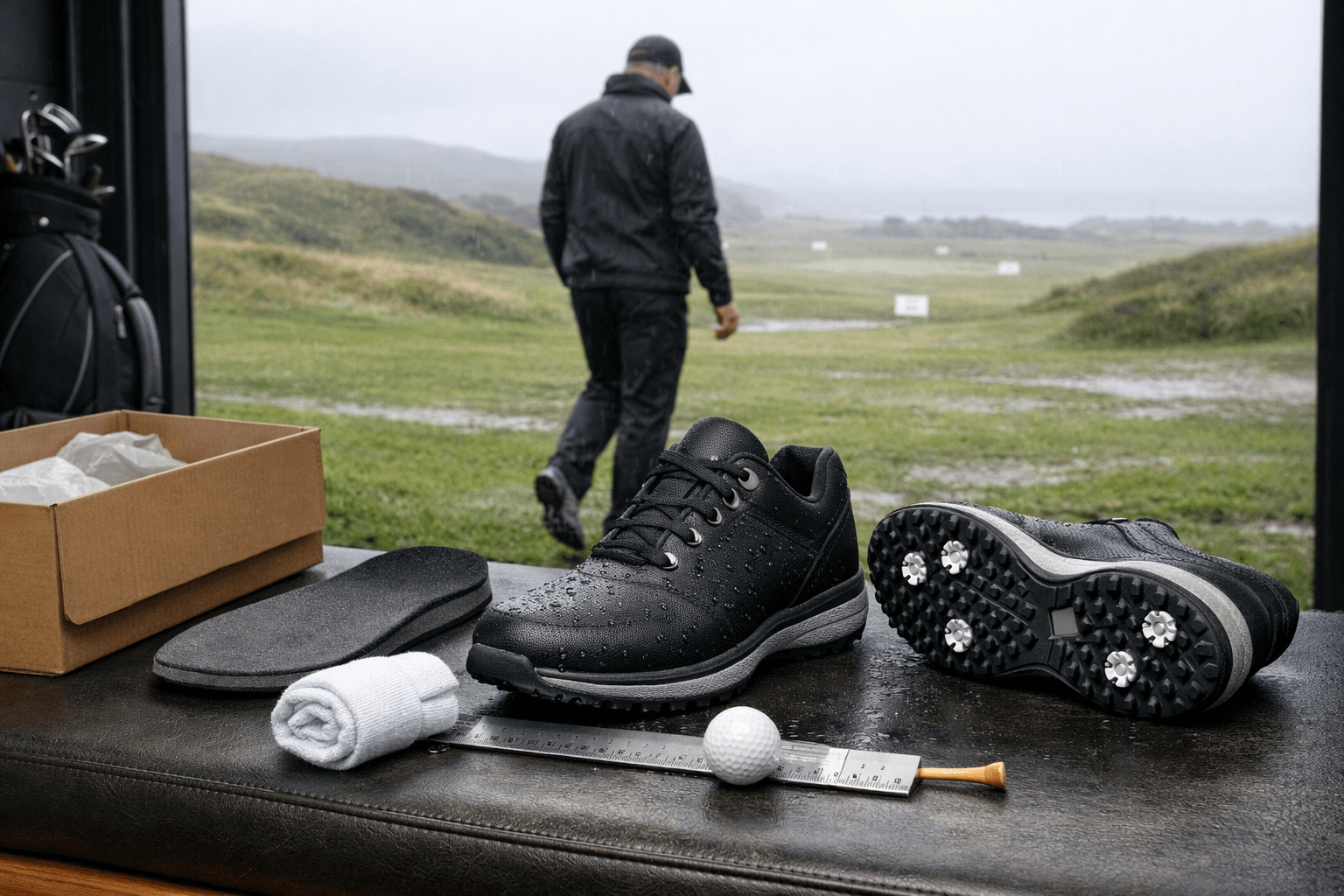 Men’s golf shoes men on a fitting bench beside a wet links course, with a golfer testing traction outdoors.