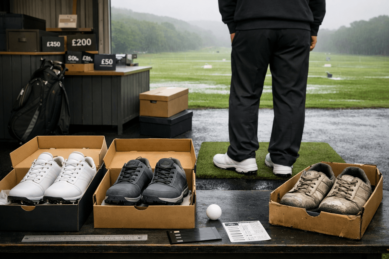 Golf shoes men comparing premium, mid-range, and worn pairs on a fitting bench beside a rain-damp practice range.