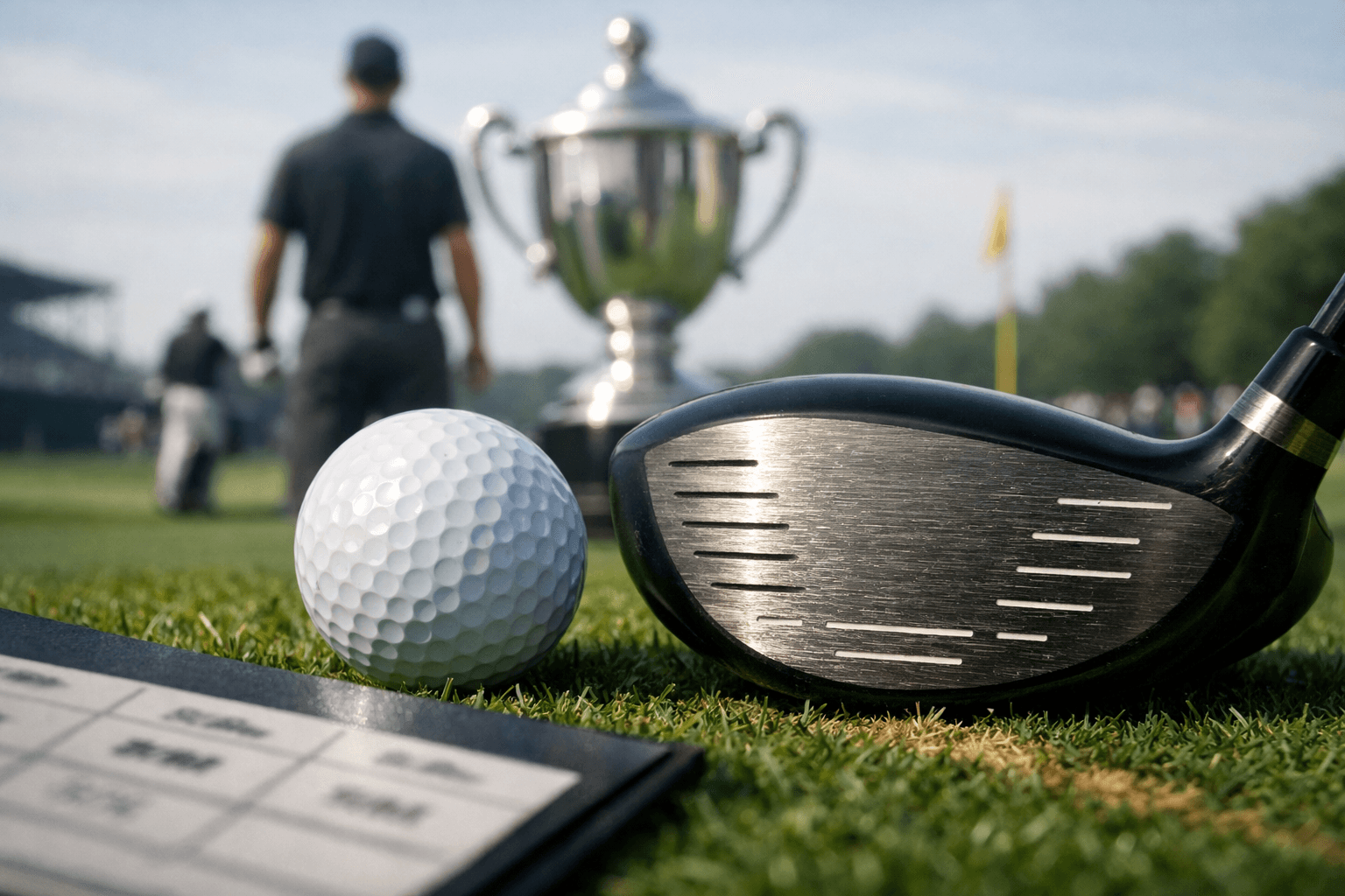 Finau Golfer: Career, Wins, and Playing Style 2 finau golfer behind a golf ball and driver on a scoring table, with scorecard, trophy, green, and tournament scene blurred behind