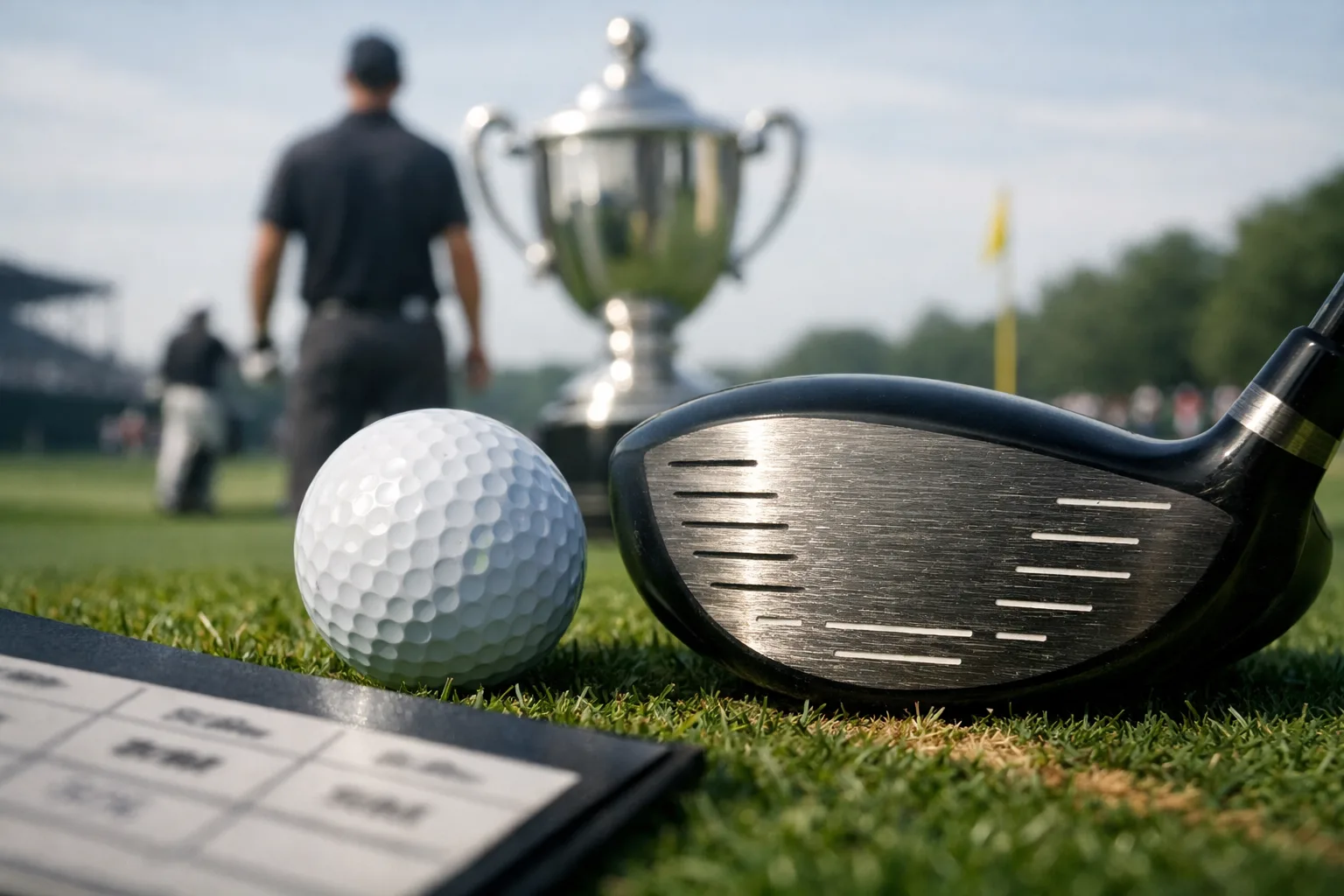 finau golfer behind a golf ball and driver on a scoring table, with scorecard, trophy, green, and tournament scene blurred behind