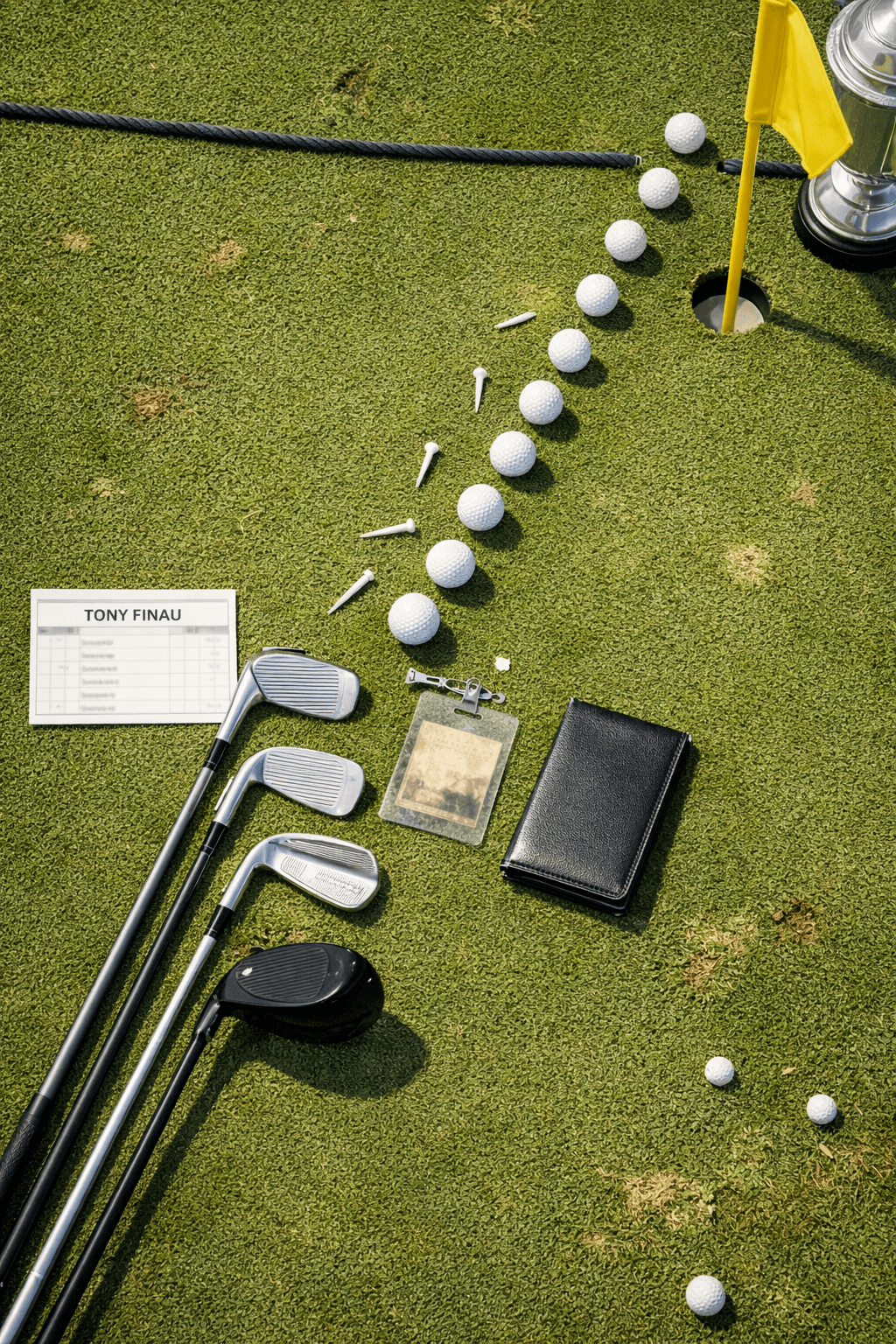 Overhead golf flat lay tracing finau golfer Tony Finau’s career with clubs, balls, scorecard, yardage book, credential, and trophy.