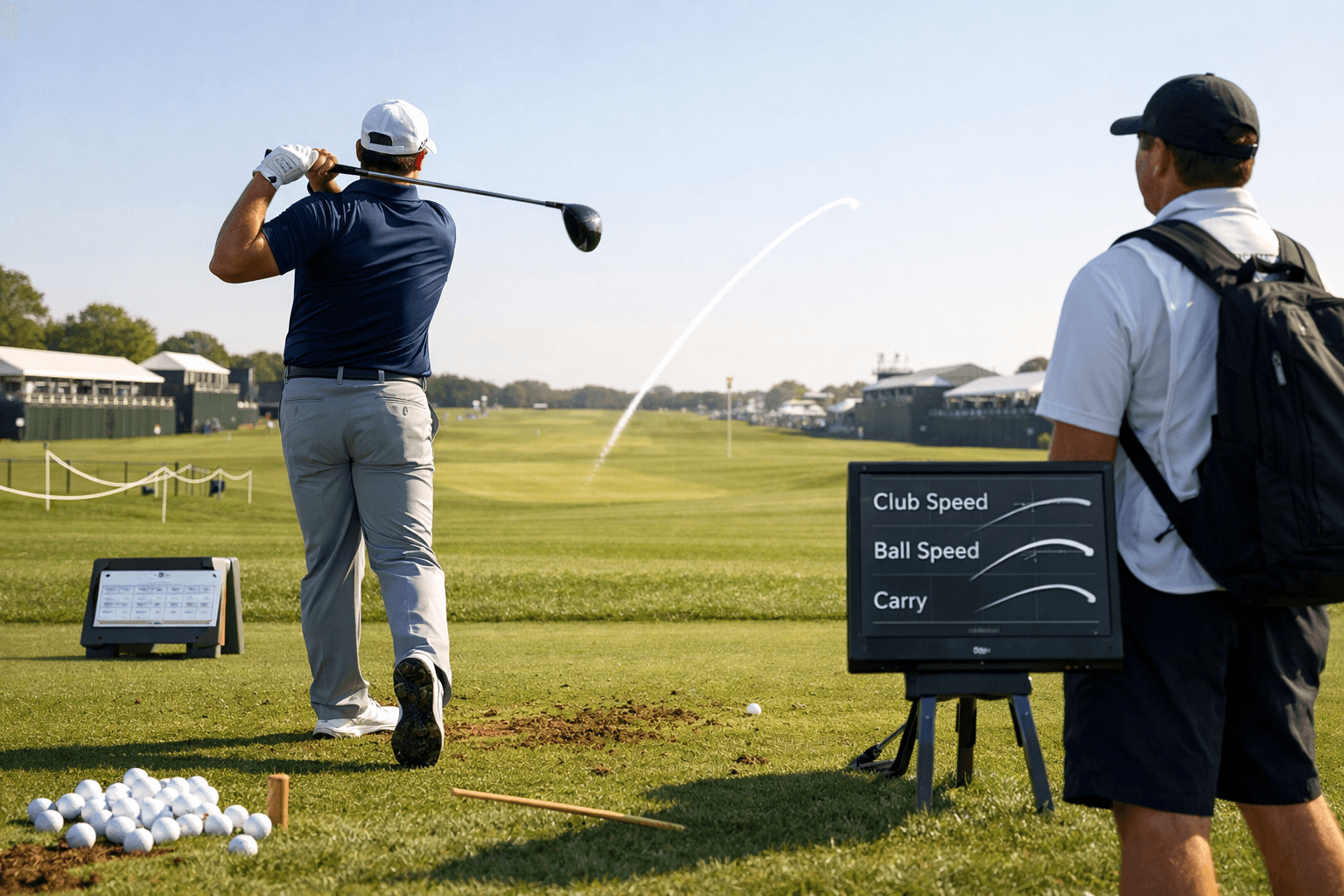 finau golfer finishing a driver swing on a tournament practice range, caddie watching, launch monitor and fairway target visible