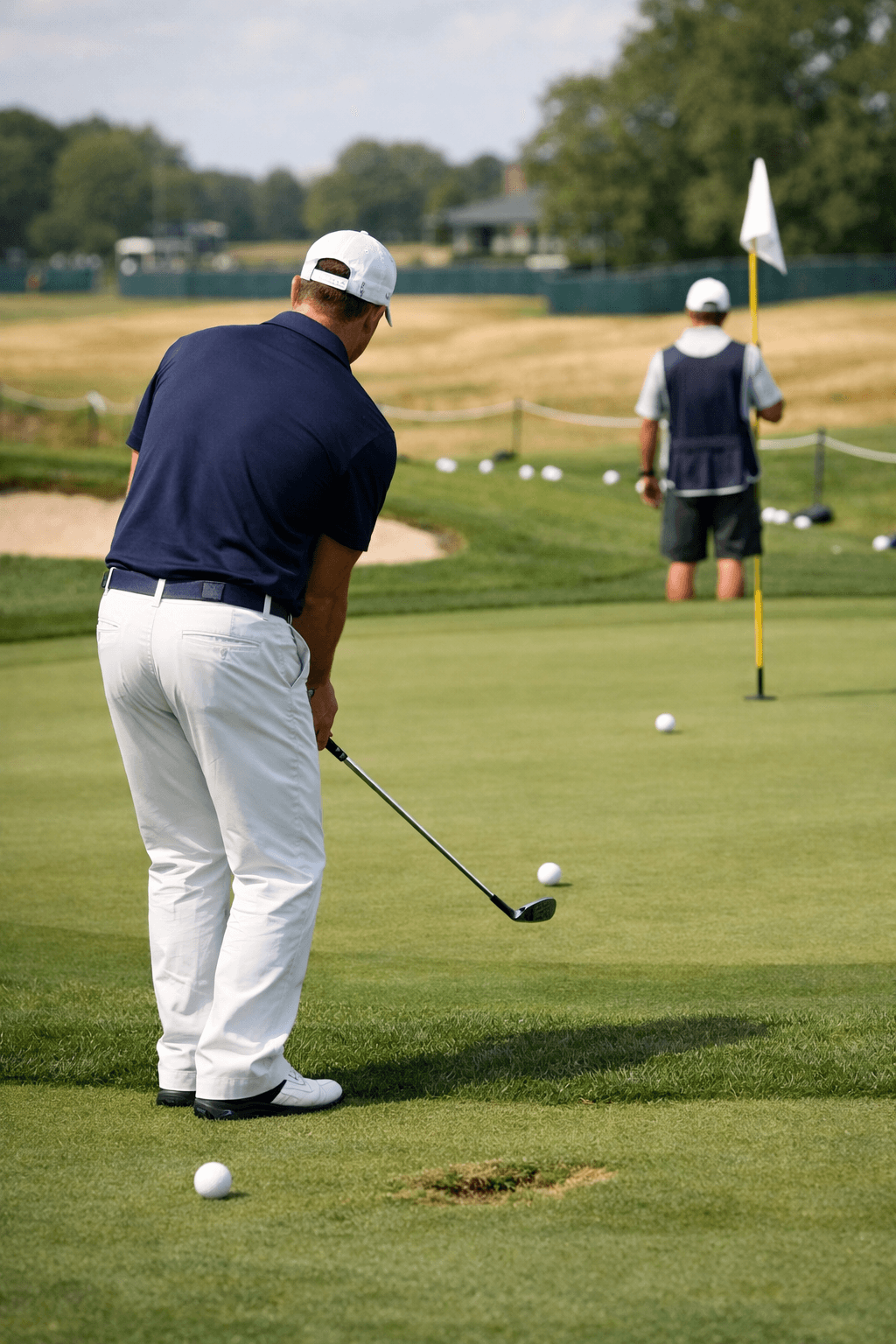 finau golfer seen from behind chipping toward a flagstick on a PGA Tour-style practice green as a caddie watches
