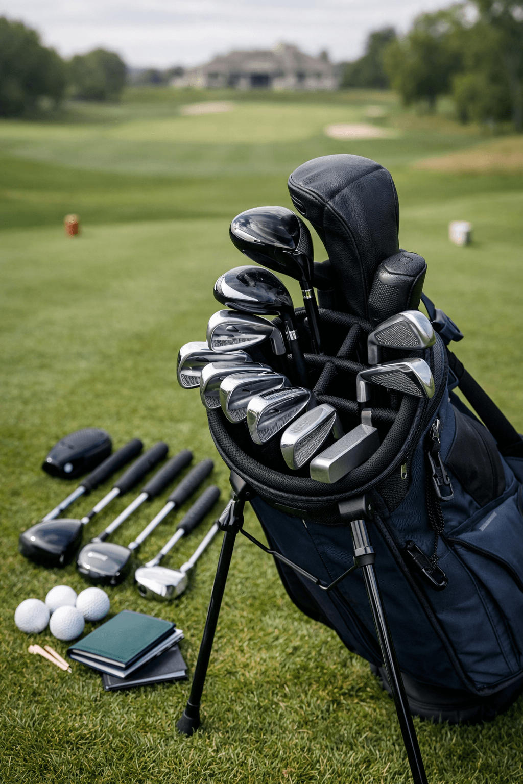 Why Having 14 Golf Clubs In Your Bag Is Too Many 1 Golf bag with crowded 14-club opening and removed clubs lined on grass, illustrating how many clubs in golf bag.