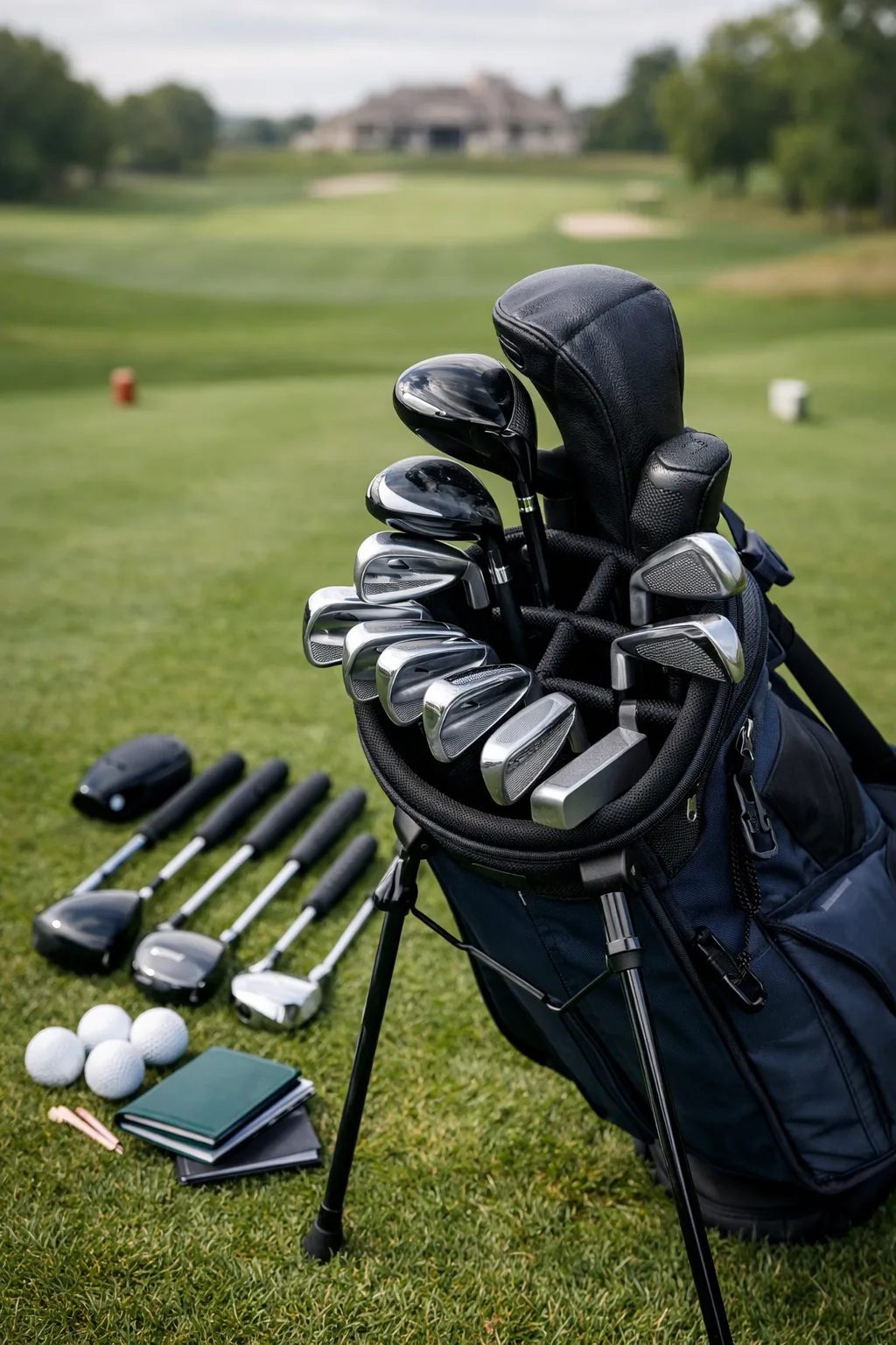 Golf bag with crowded 14-club opening and removed clubs lined on grass, illustrating how many clubs in golf bag.