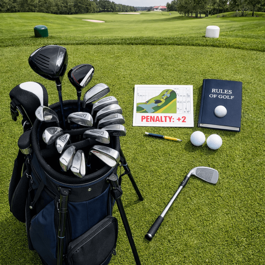 Overhead golf setup with 15 clubs, one extra iron, penalty scorecard, and rulebook explaining how many clubs in golf bag.