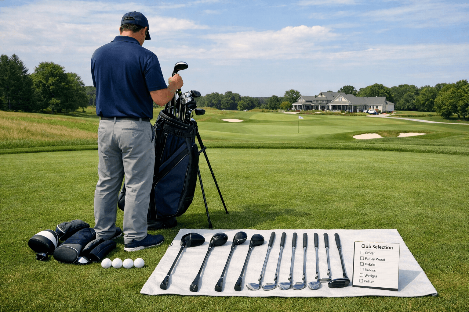 Golfer choosing clubs beside a stand bag and lean setup on a tee box, illustrating how many clubs in golf bag.