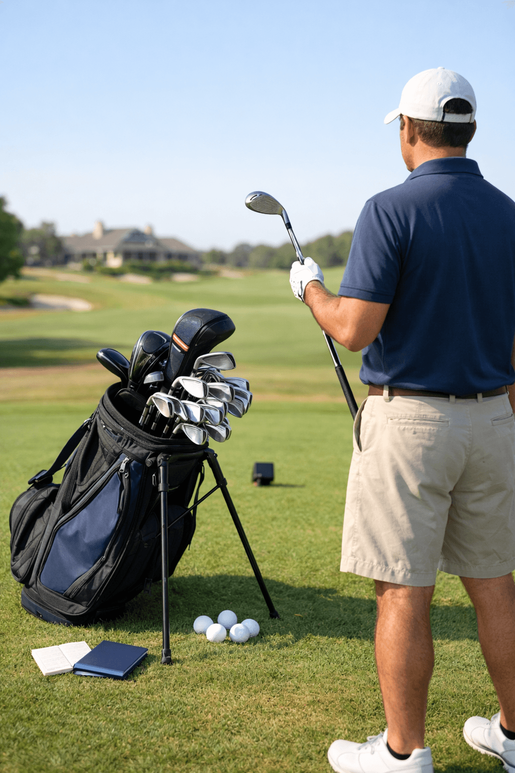 Golfer comparing a full 14-club set beside an open bag on a sunny tee box, illustrating how many clubs in golf bag