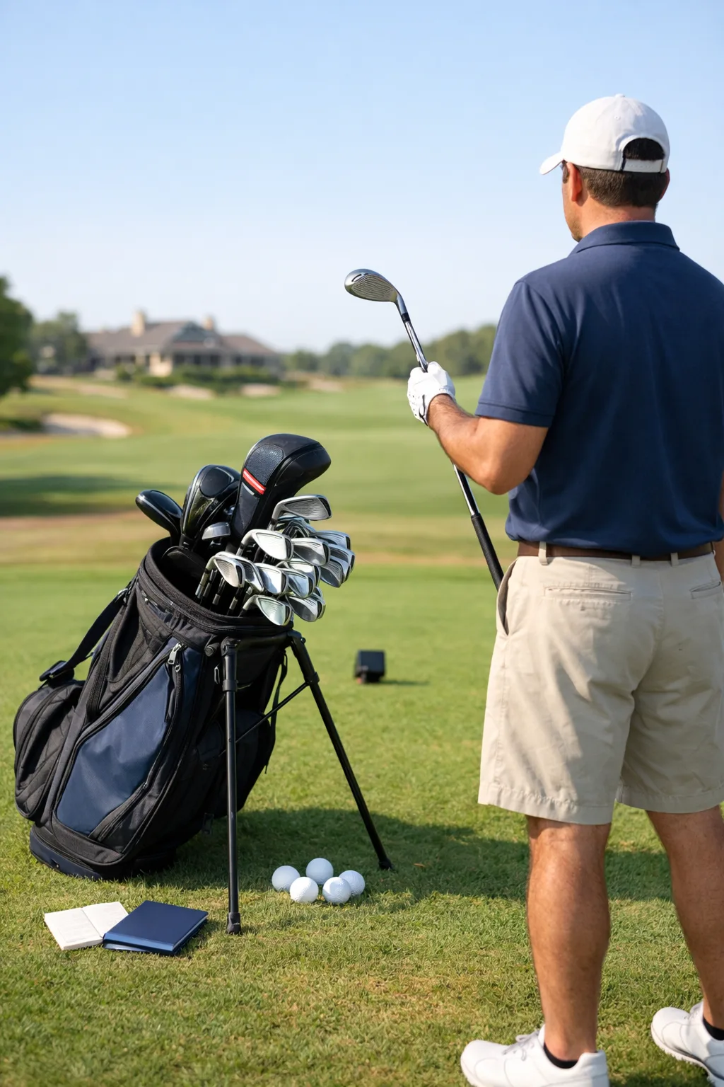 Golfer comparing a full 14-club set beside an open bag on a sunny tee box, illustrating how many clubs in golf bag