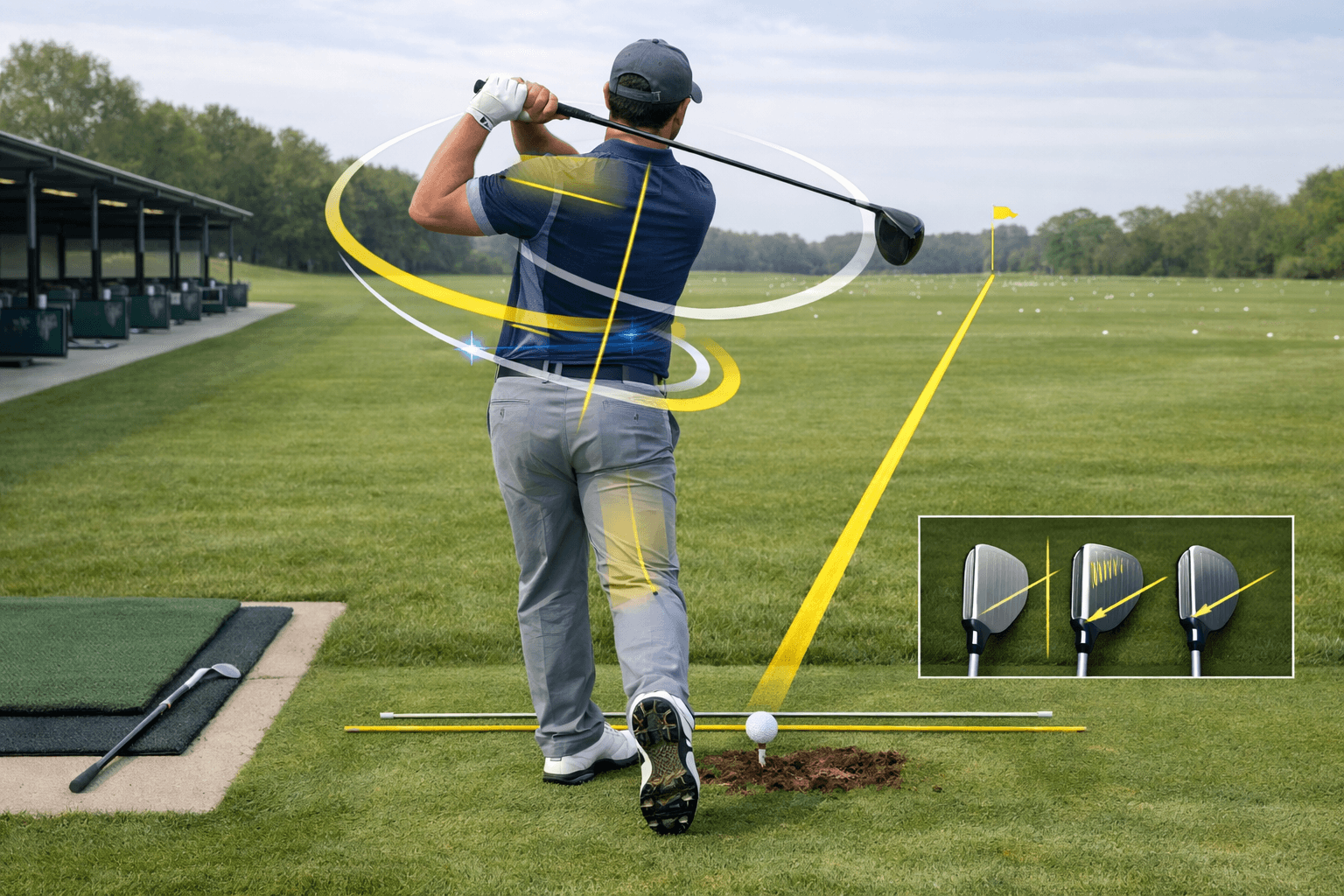 Golfer practicing with swing path, body guides, and target line overlays on a fairwayu2014golf tips on swing.
