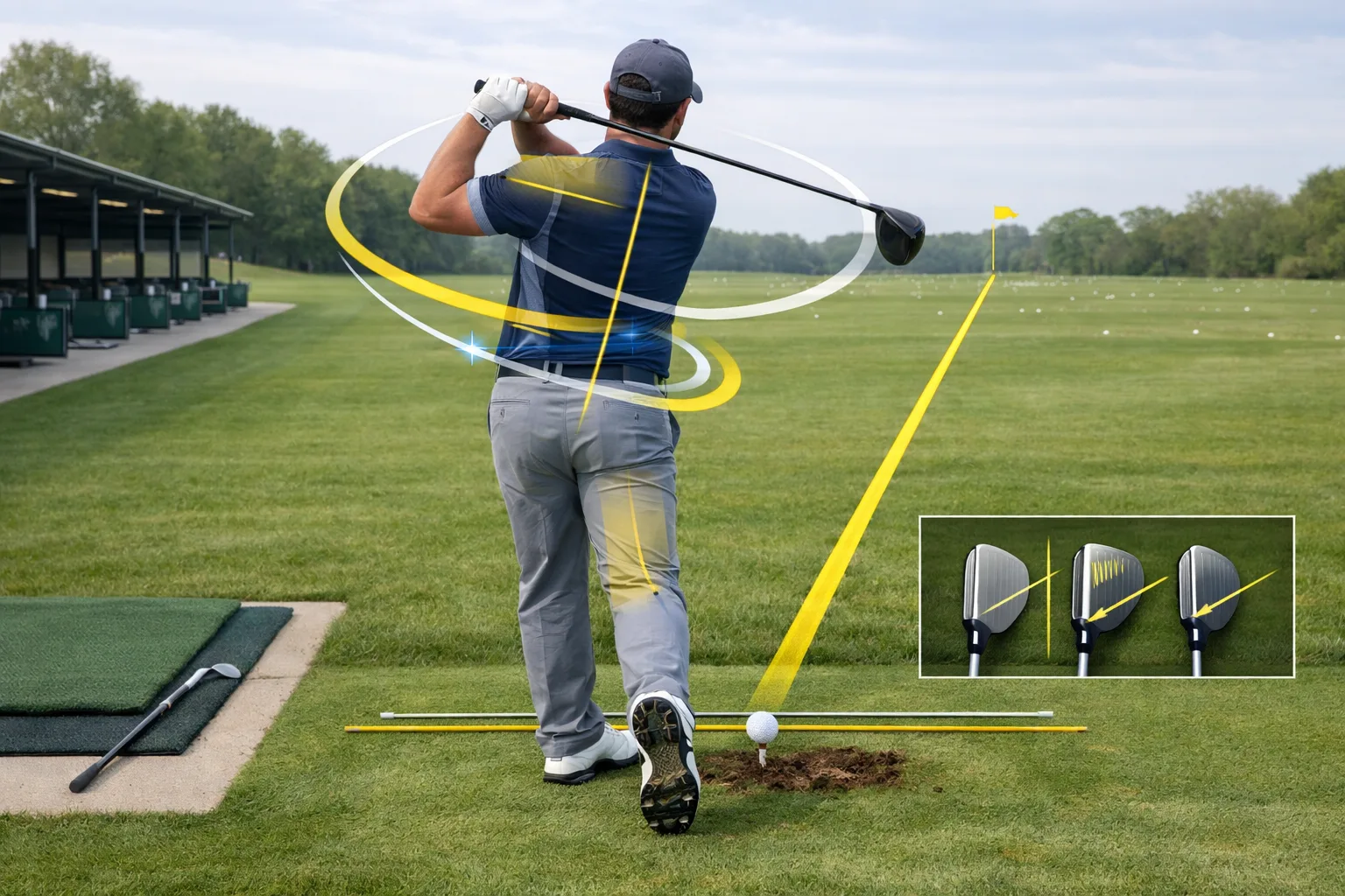 Golfer practicing with swing path, body guides, and target line overlays on a fairwayu2014golf tips on swing.