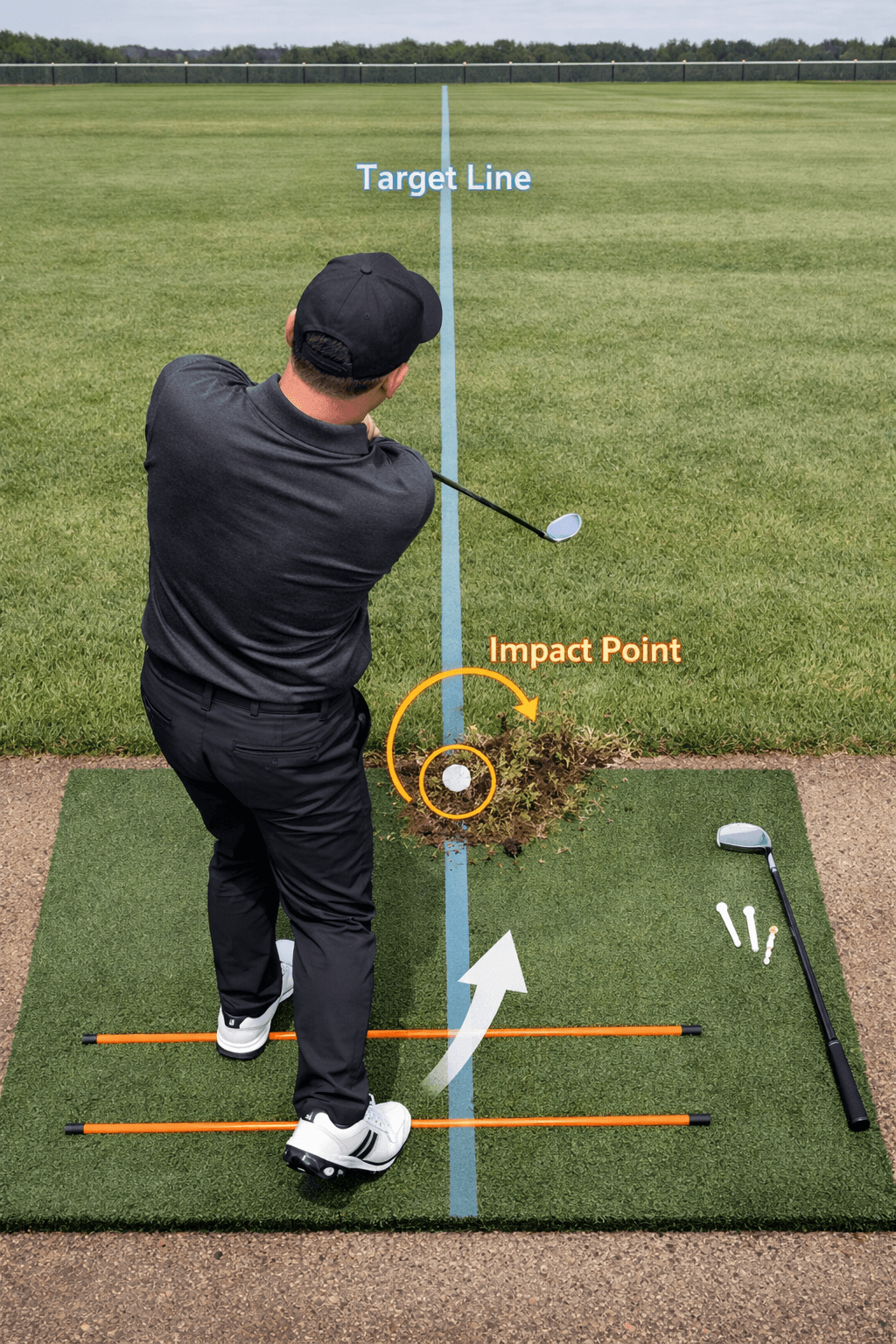 Overhead golfer making a fat iron shot, with divot behind the ball, alignment sticks, and golf tips on swing overlay.