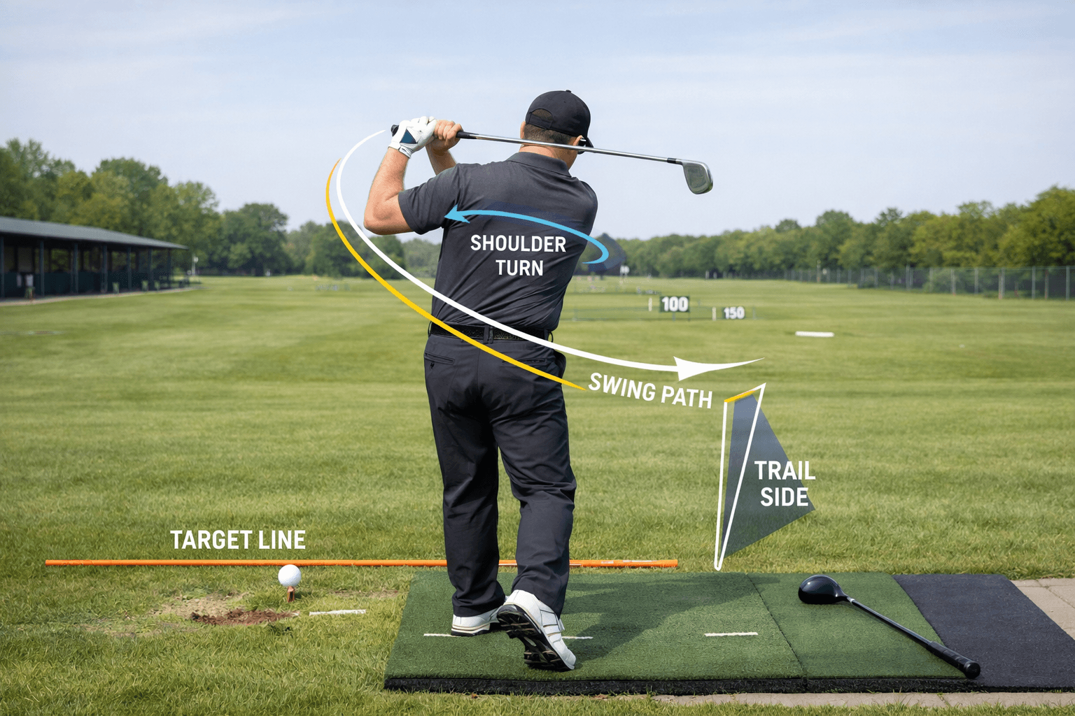 Golfer practicing a controlled backswing with alignment aids and coaching graphics on a sunny range, illustrating golf tips on swing