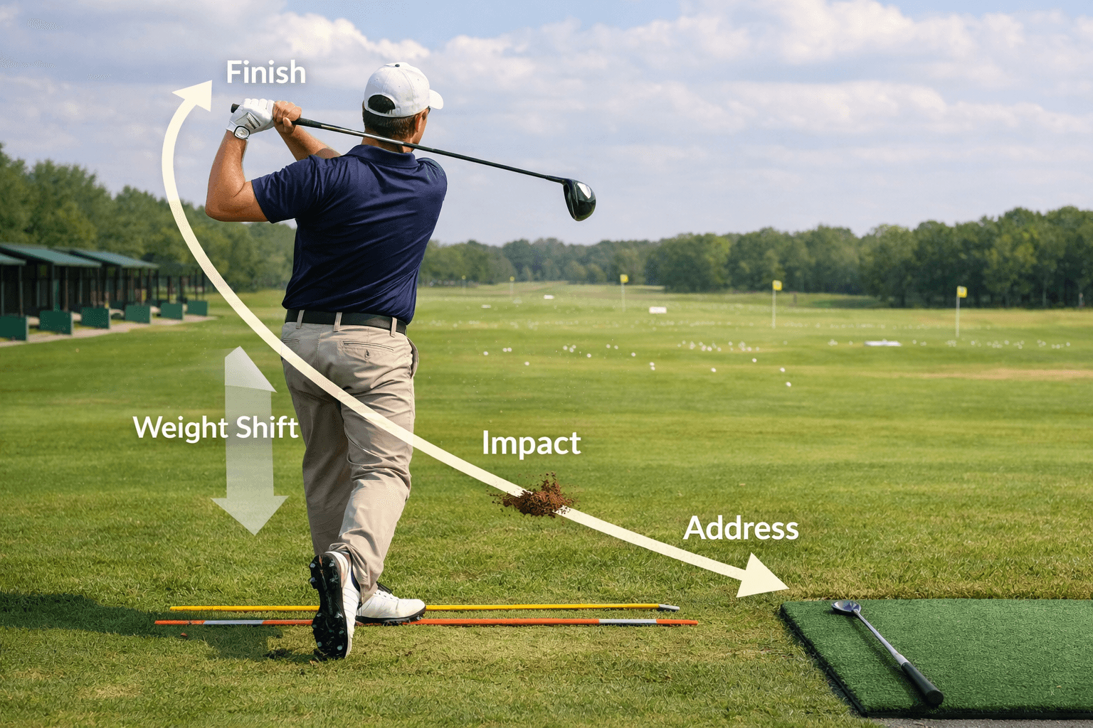 Golfer finishes a driver swing over the lead leg at a practice range, with swing arrows, alignment sticks, and golf tips on swing.