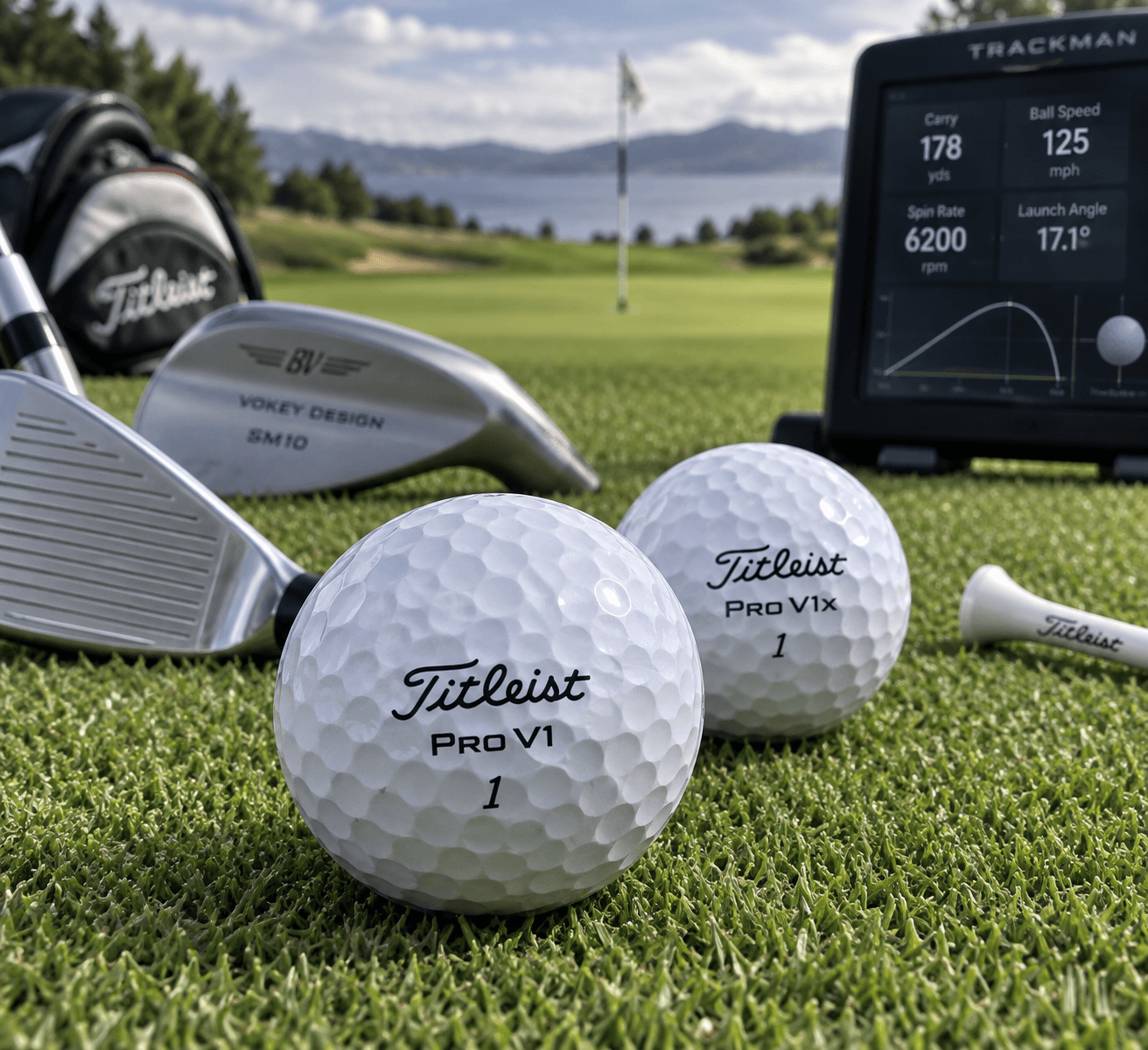 Titleist Pro V1 golf balls on a putting green beside clubs and a launch monitor, with sharp dimples and blurred course background.