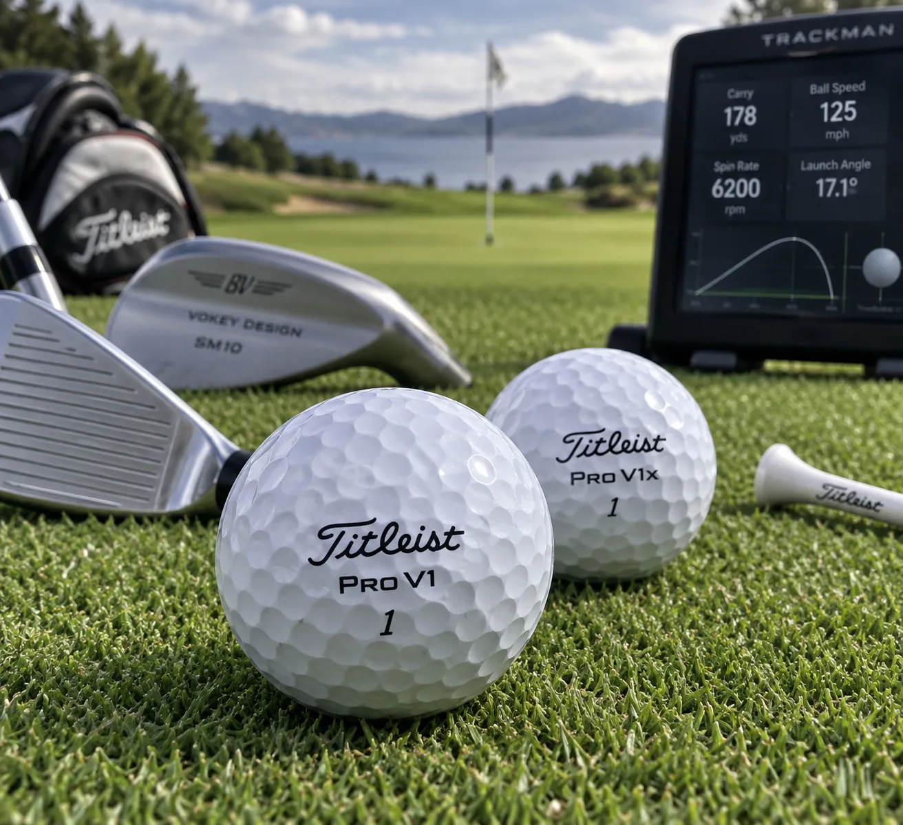 Titleist Pro V1 golf balls on a putting green beside clubs and a launch monitor, with sharp dimples and blurred course background.