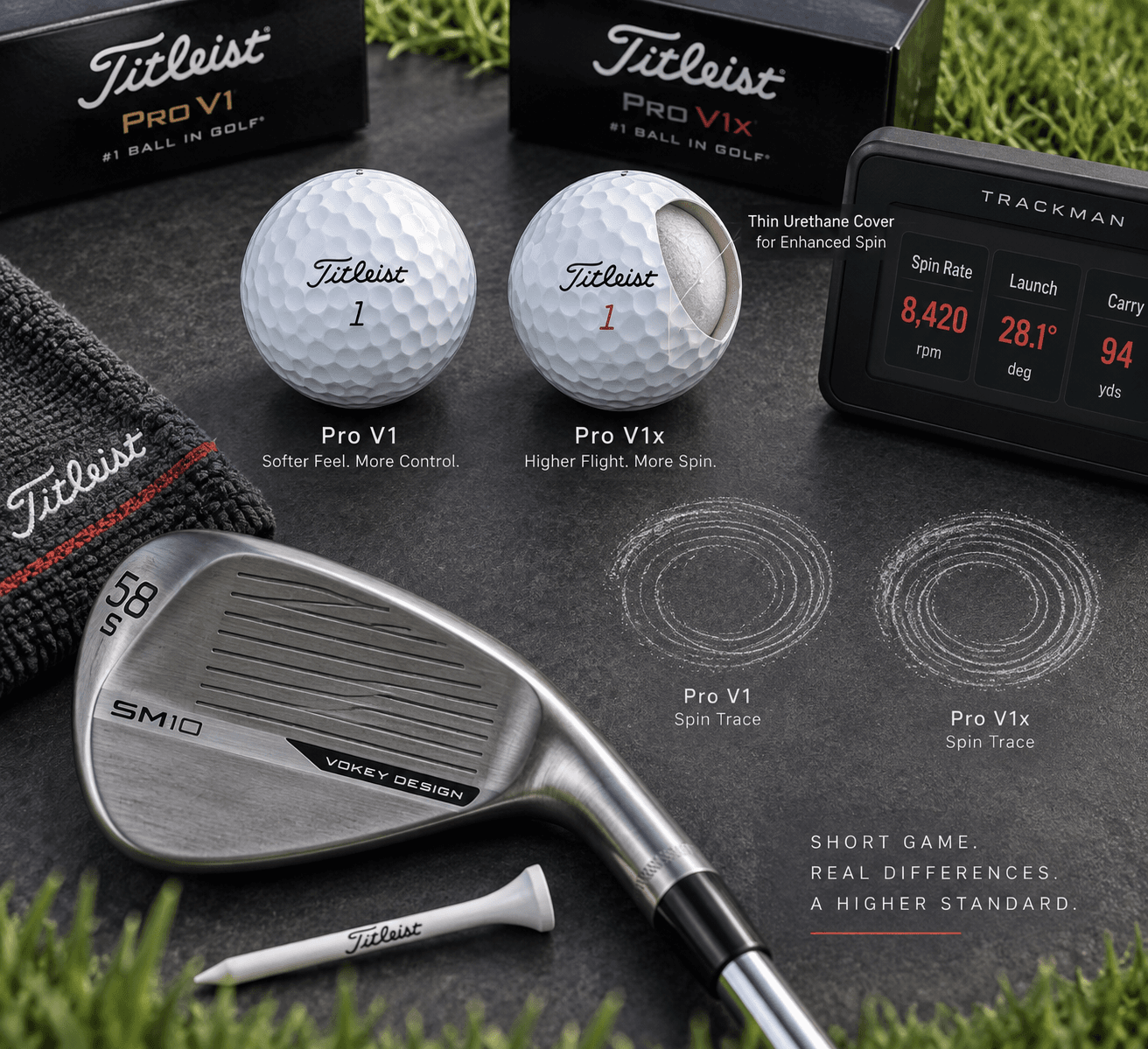 Titleist Pro V1 golf balls, wedge, tee, dimples, and spin-rate display arranged on a golf studio surface.